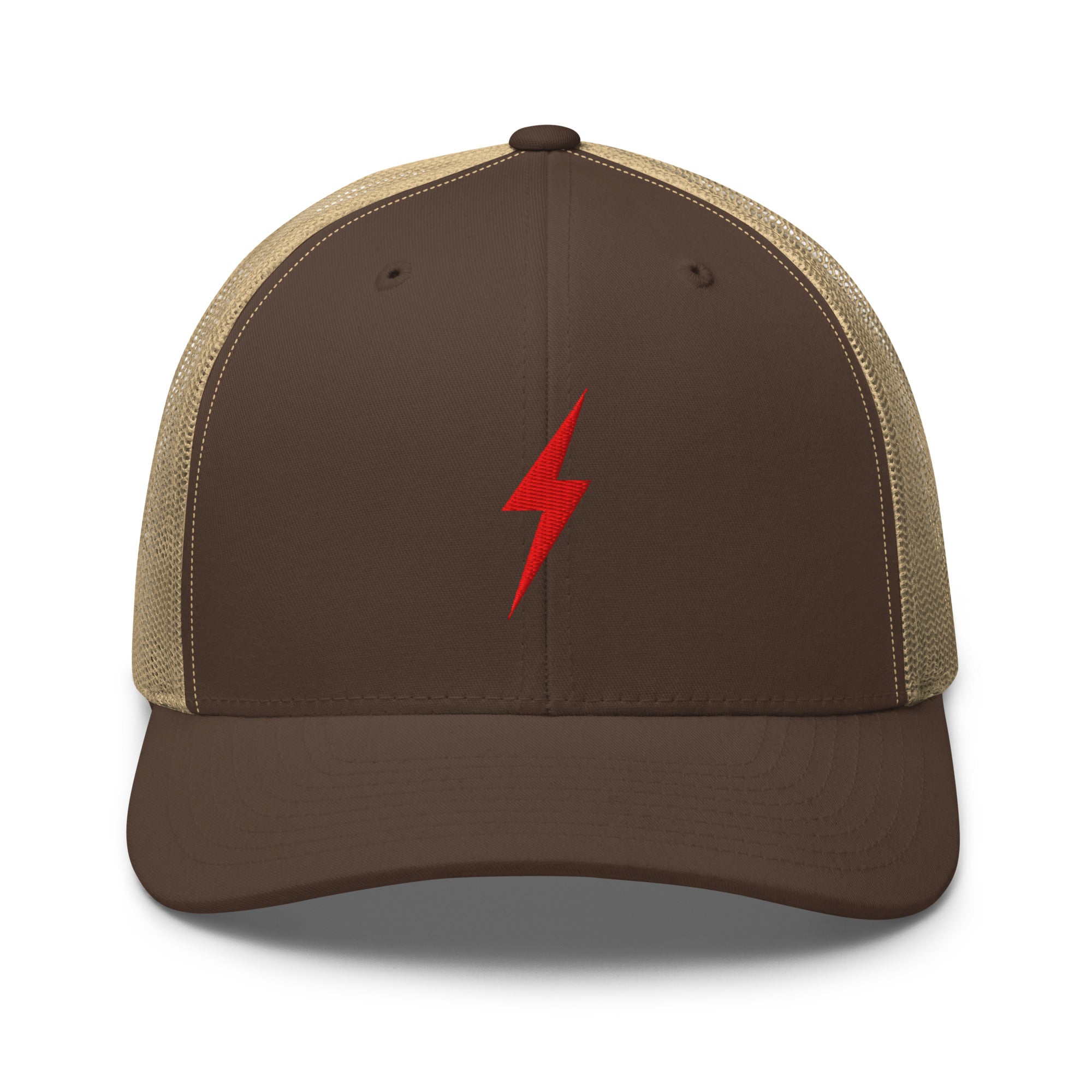 Brown and khaki trucker hat with an embroidered red lightning bolt design on the front panel