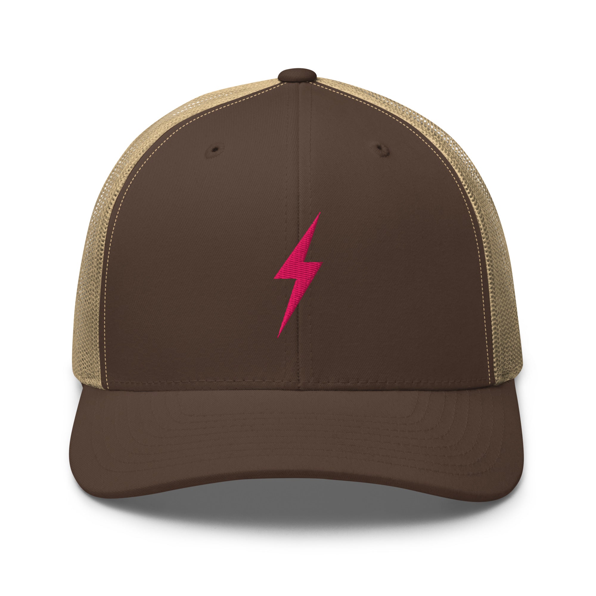 Brown and khaki trucker hat with pink lightning bolt design on front panel