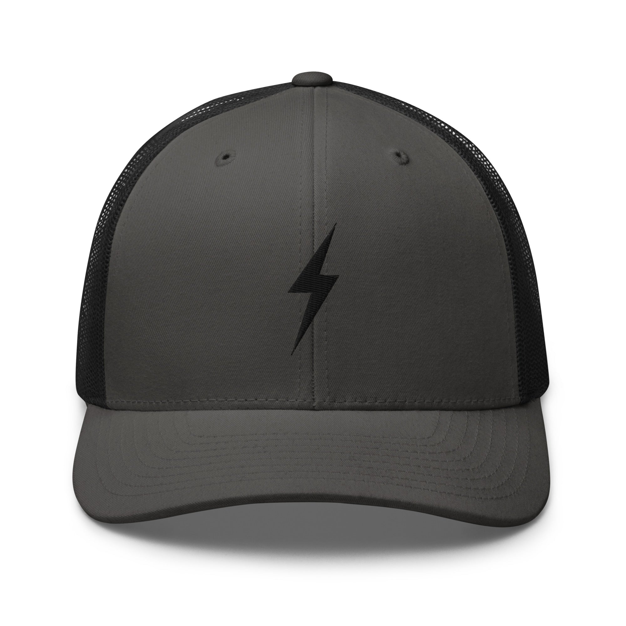 Charcoal and black trucker hat with black lightning bolt design on front panel