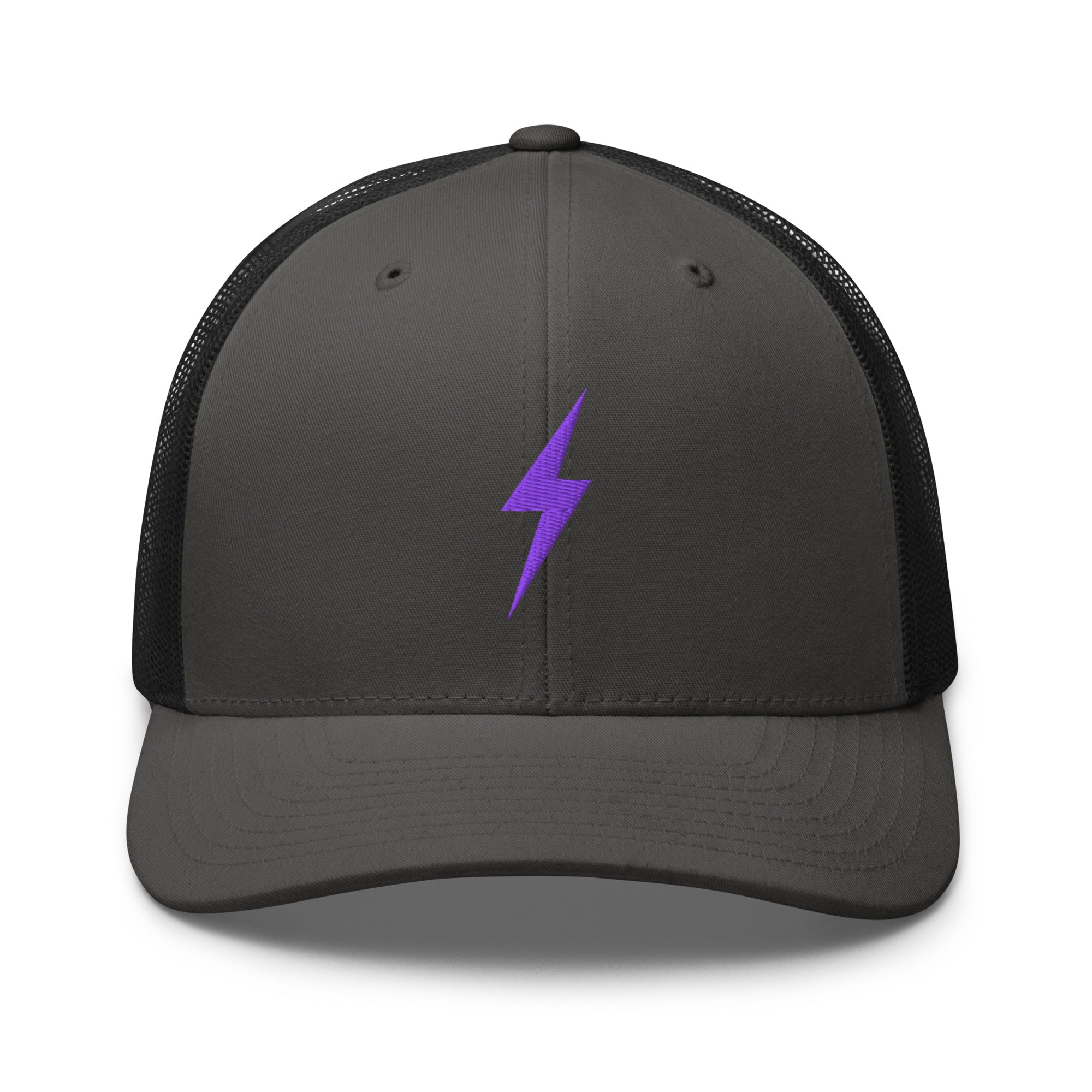 Charcoal and black trucker hat with an embroidered purple lightning bolt design on the front panel