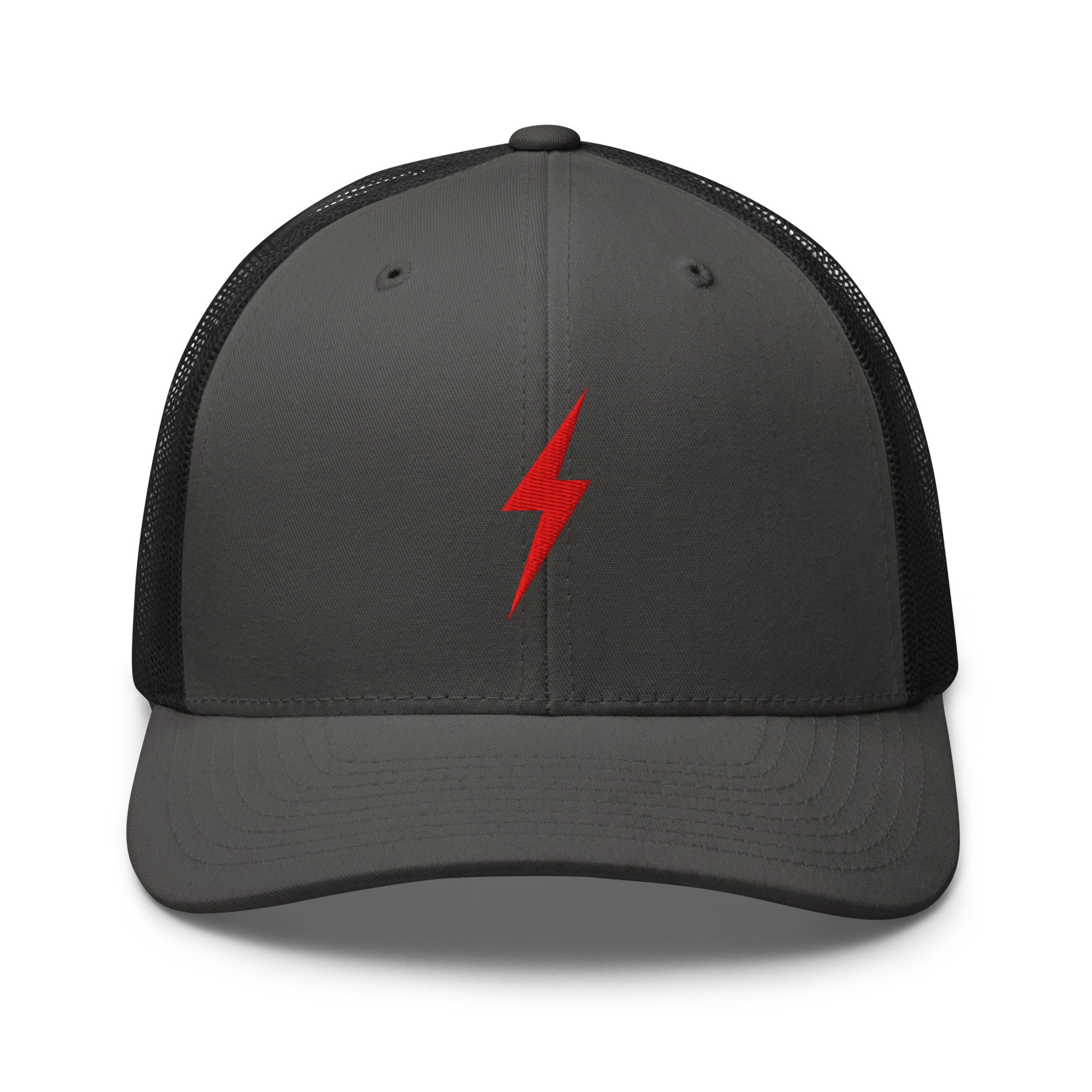 Charcoal and black trucker hat with an embroidered red lightning bolt design on the front panel