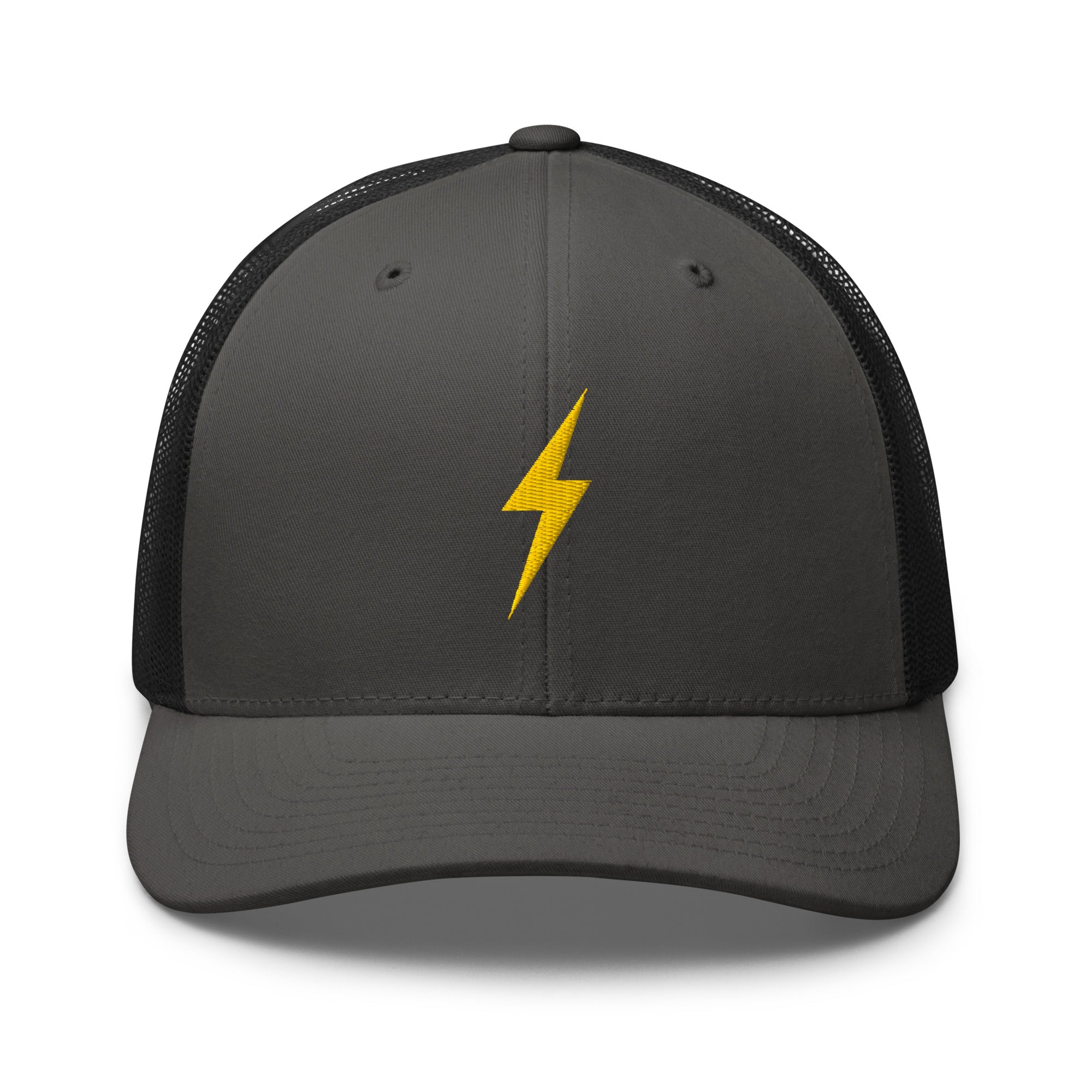 Charcoal and black trucker hat with pink lightning bolt design on front panel