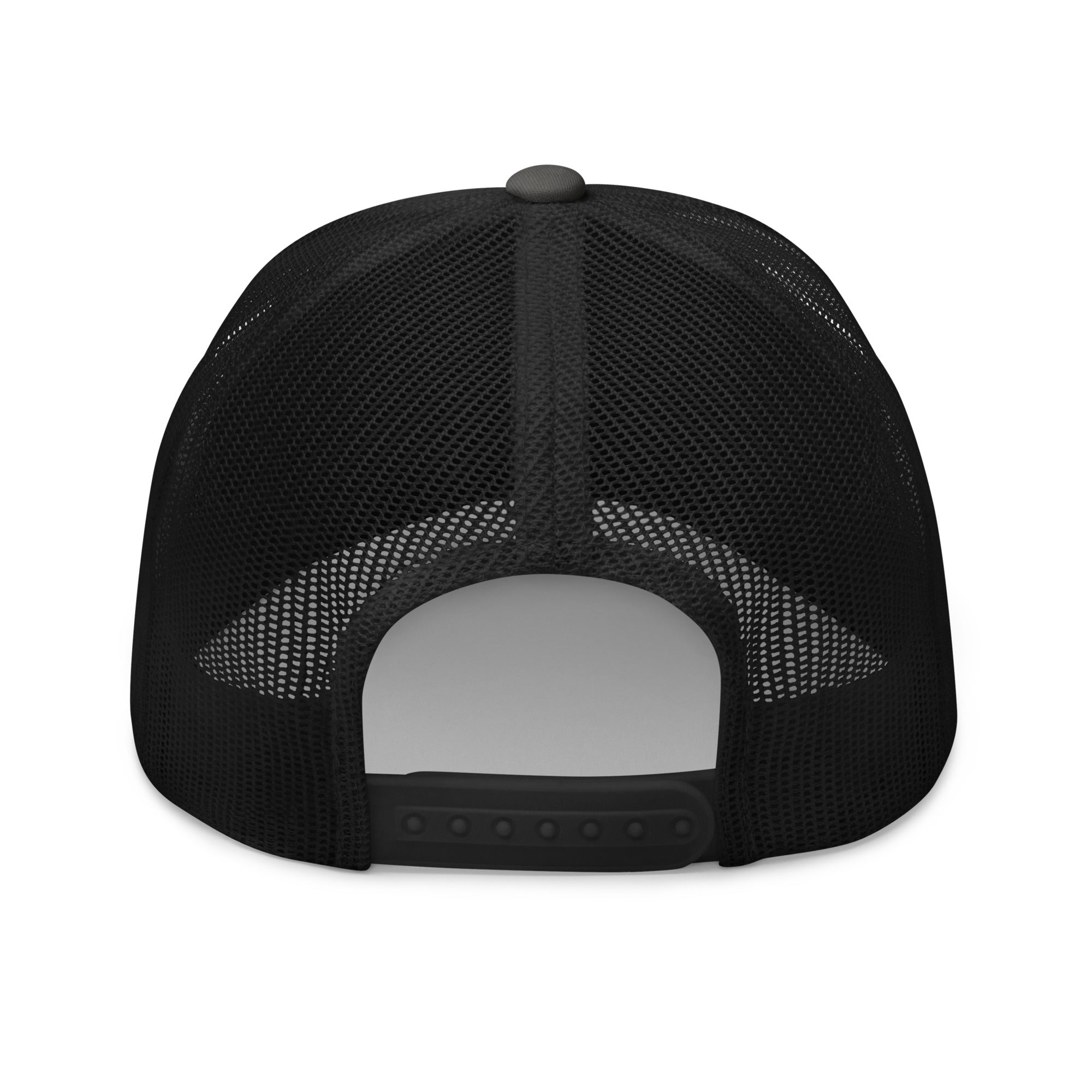 Rear view of charcoal and black truckers hat with adjustable snapback closure