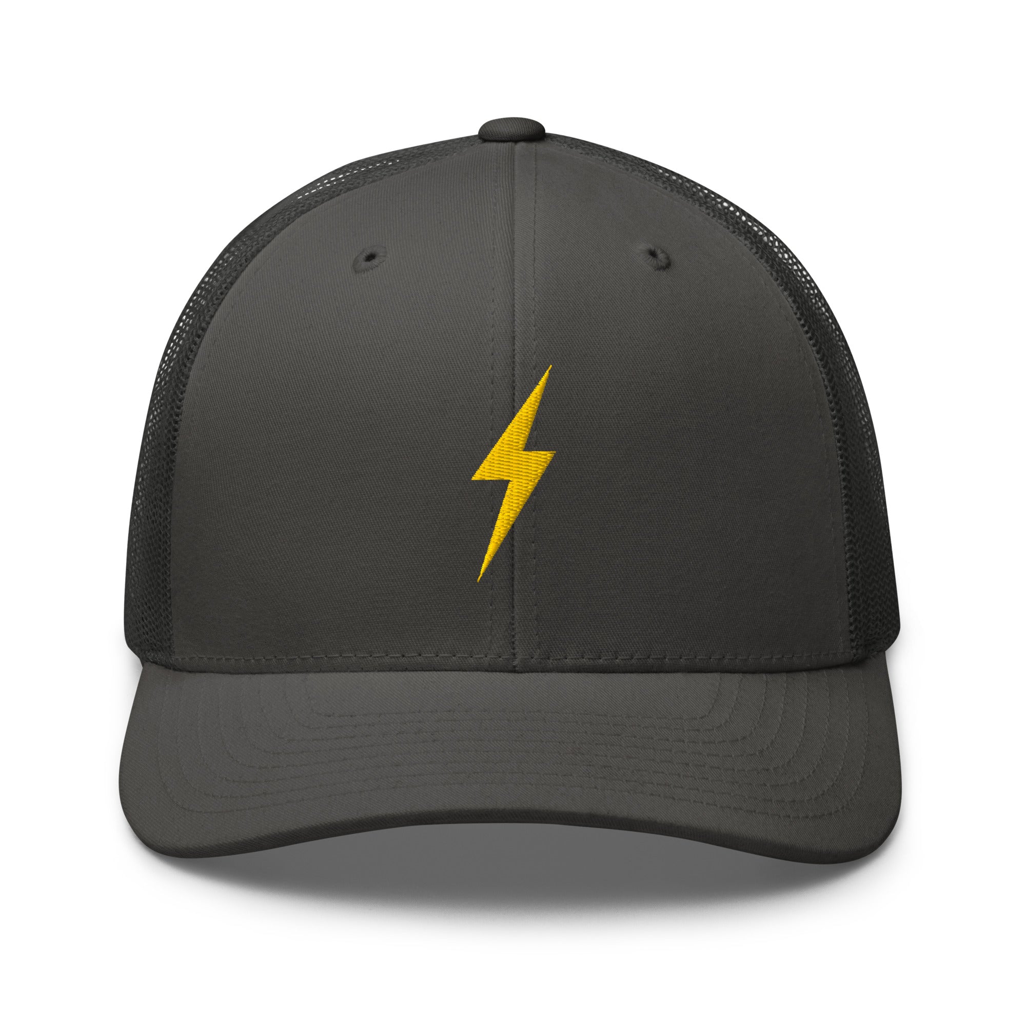 Charcoal trucker hat with a yellow lightning bolt design on front panel