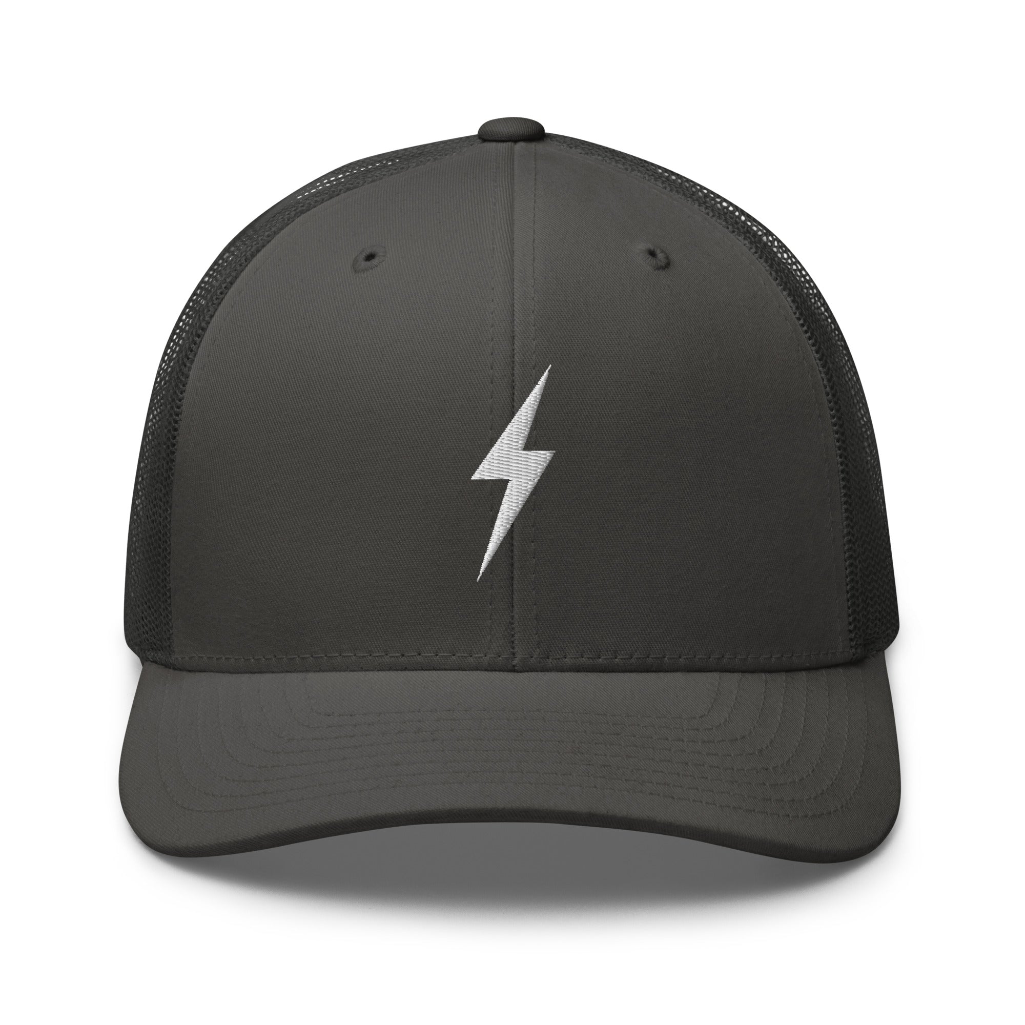 Charcoal trucker hat with an embroidered white lightning bolt design on the front panel