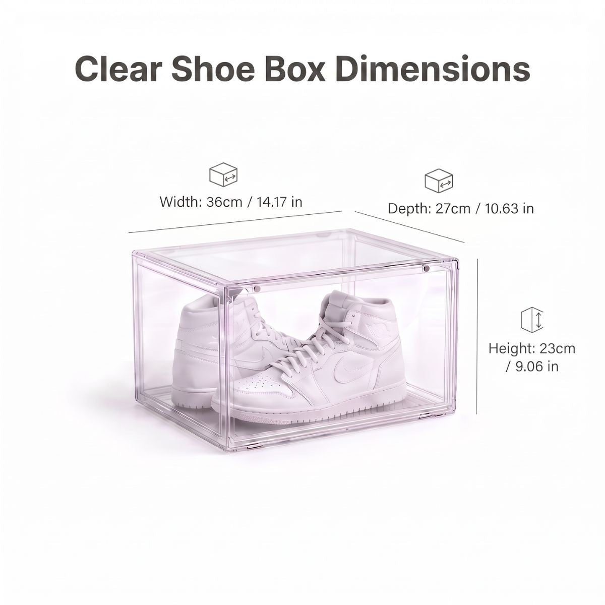 Clear shoe box dimensions diagram showing a transparent shoe storage box with white sneakers inside, labeled with width 36cm (14.17 in), depth 27cm (10.