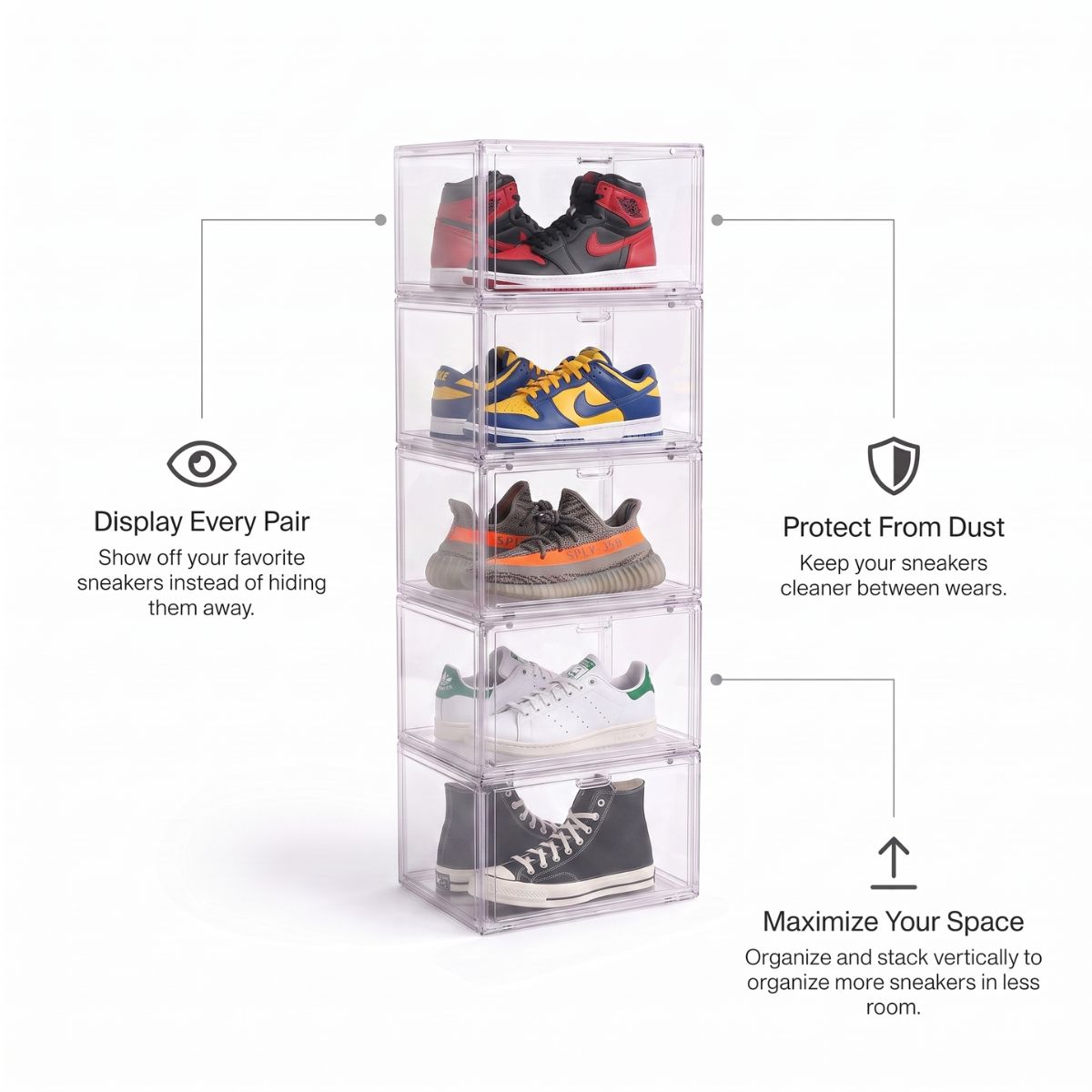 A stack of five clear plastic sneaker boxes shown on a white background with callout lines and text explaining features: display every pair, protect from dust, and maximize space. Various sneakers are visible inside the transparent boxes.