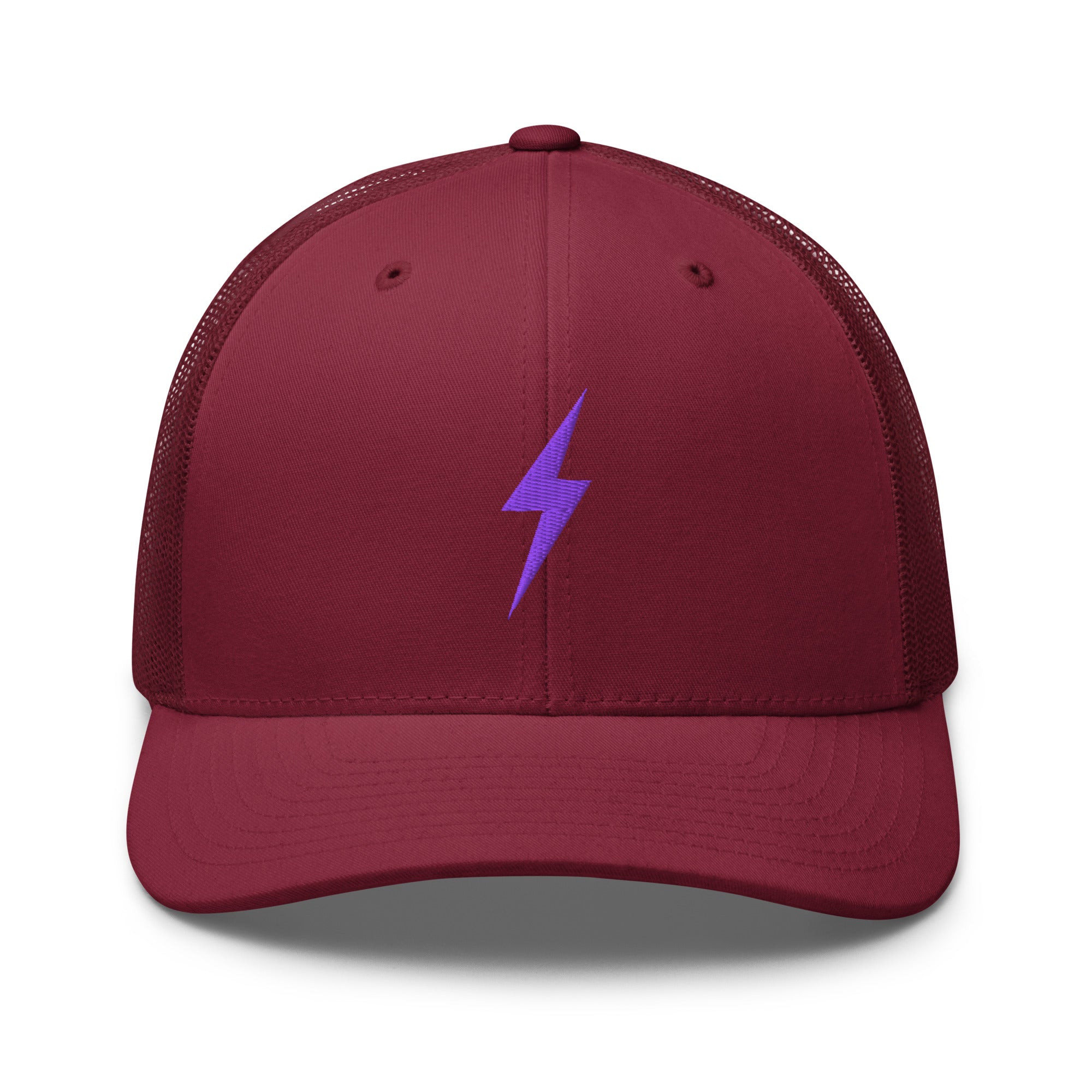 Cranberry trucker hat with an embroidered purple lightning bolt design on the front panel