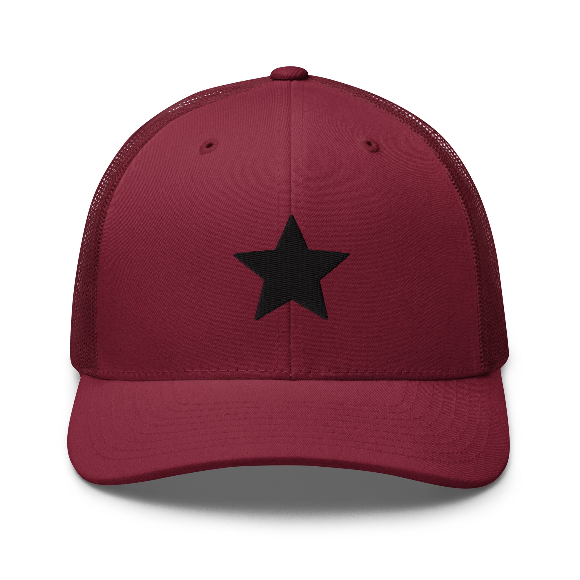 Cranberry truckers cap with an embroidered black star, structured front, mesh back, and adjustable fit by Kicks Shoelaces