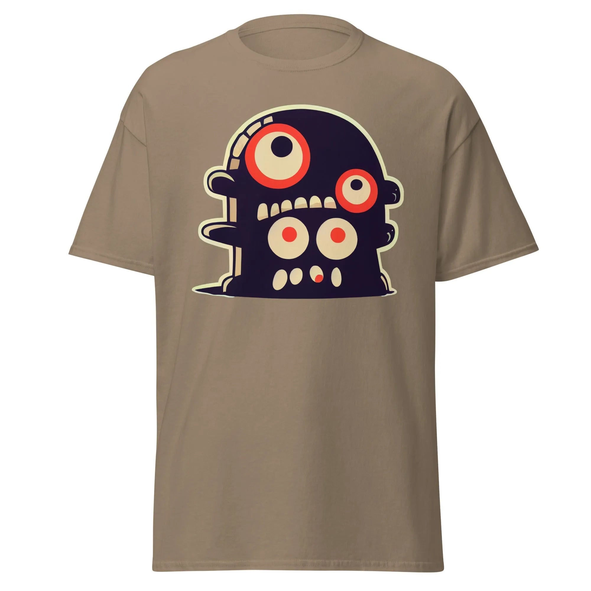 Crazy Eyes brown Halloween T-shirt featuring a playful cartoon blob creature with red eyes.