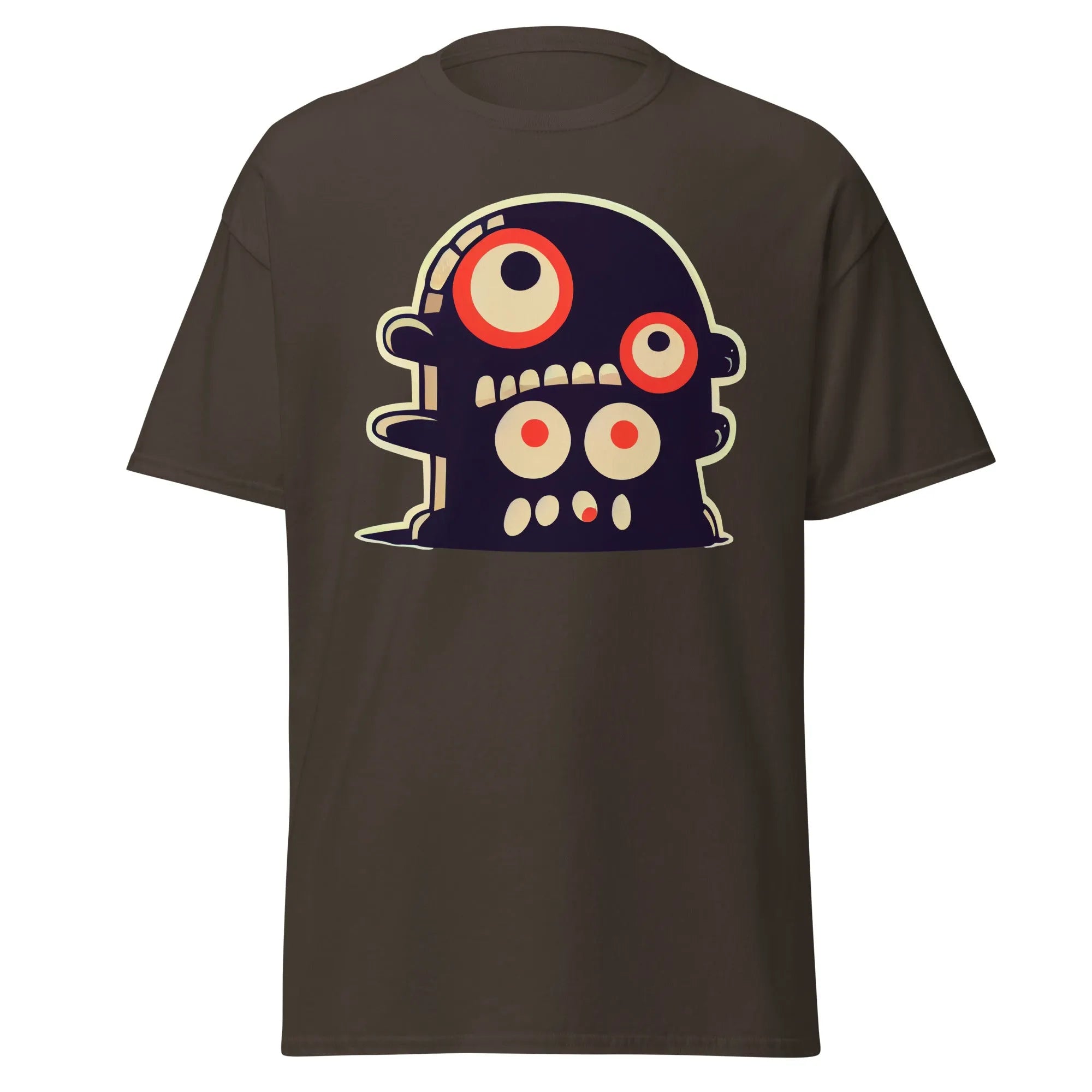 Crazy Eyes chocolate Halloween T-shirt featuring a playful cartoon blob creature with red eyes.