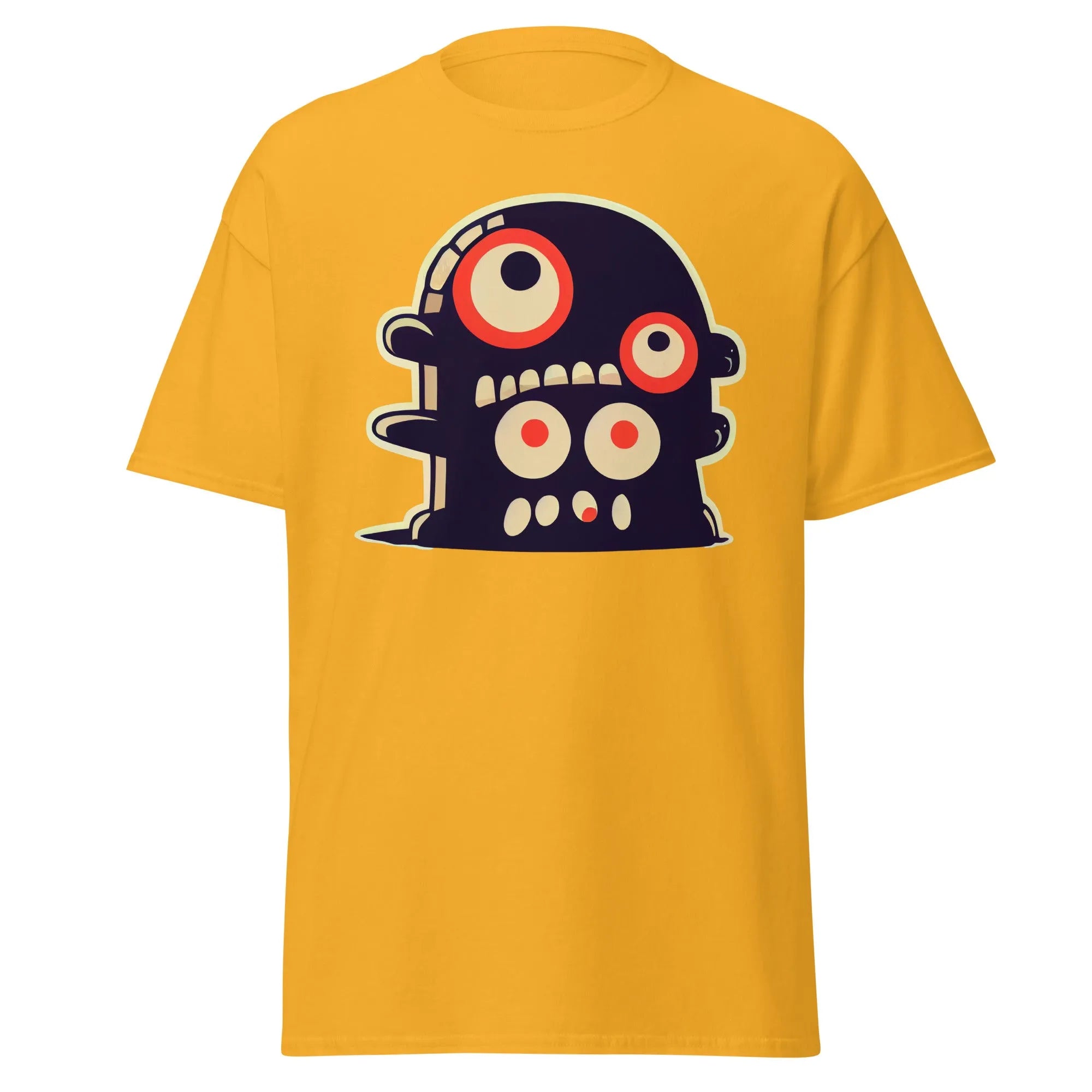 Crazy Eyes gold Halloween T-shirt featuring a playful cartoon blob creature with red eyes.