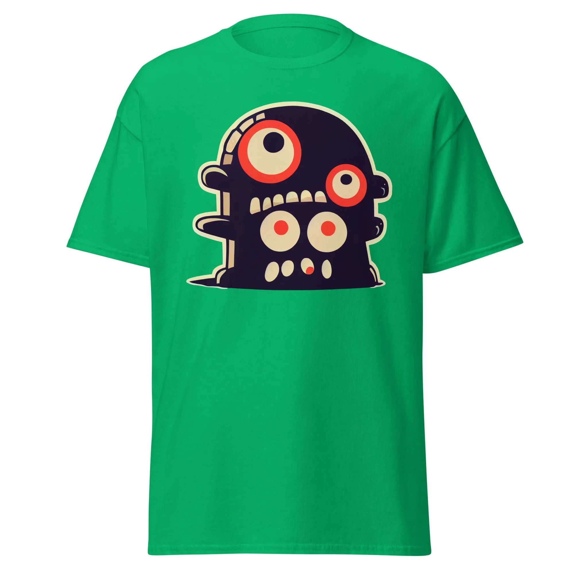 Crazy Eyes green Halloween T-shirt featuring a playful cartoon blob creature with red eyes.