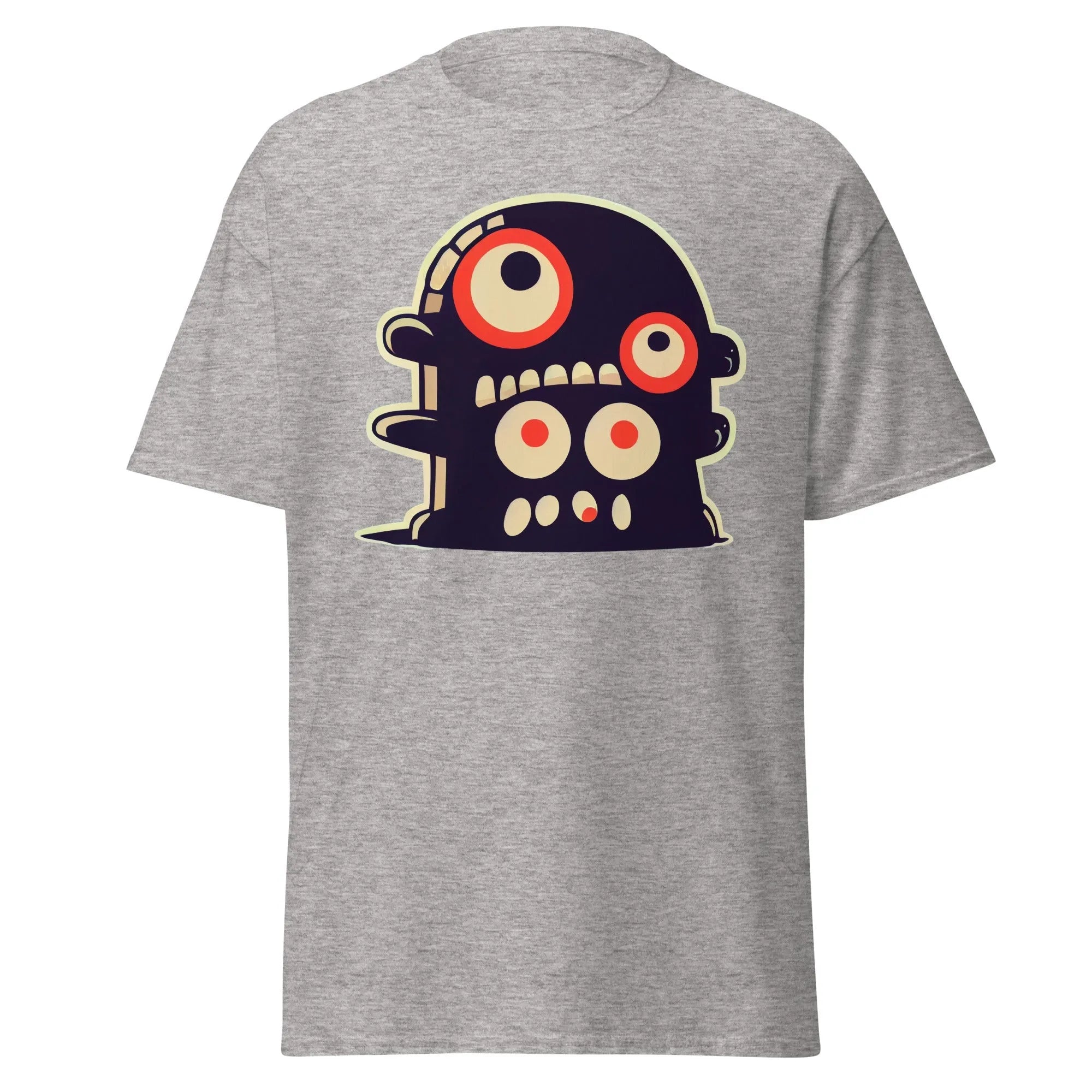 Crazy Eyes grey Halloween T-shirt featuring a playful cartoon blob creature with red eyes.