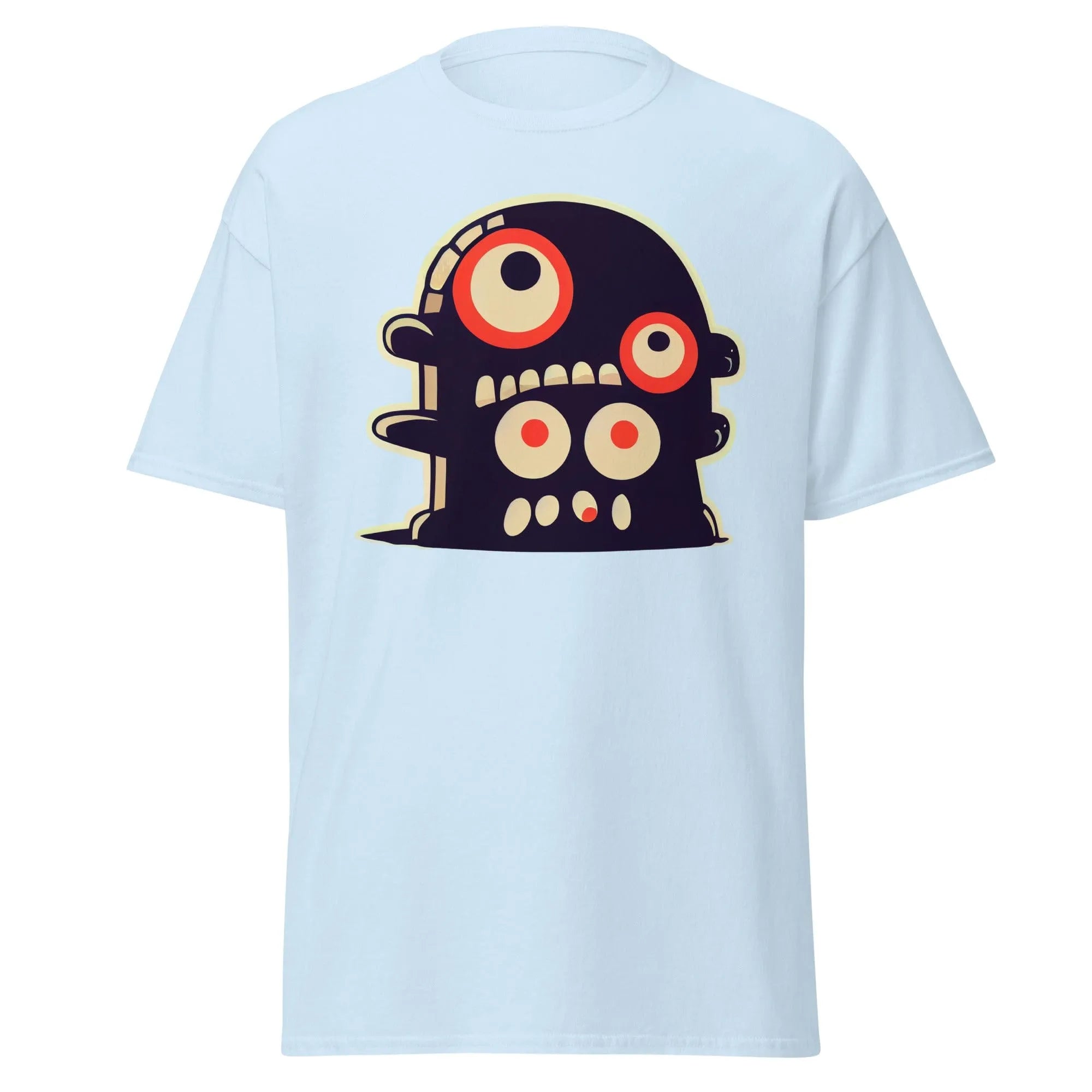 Crazy Eyes light blue Halloween T-shirt featuring a playful cartoon blob creature with red eyes.