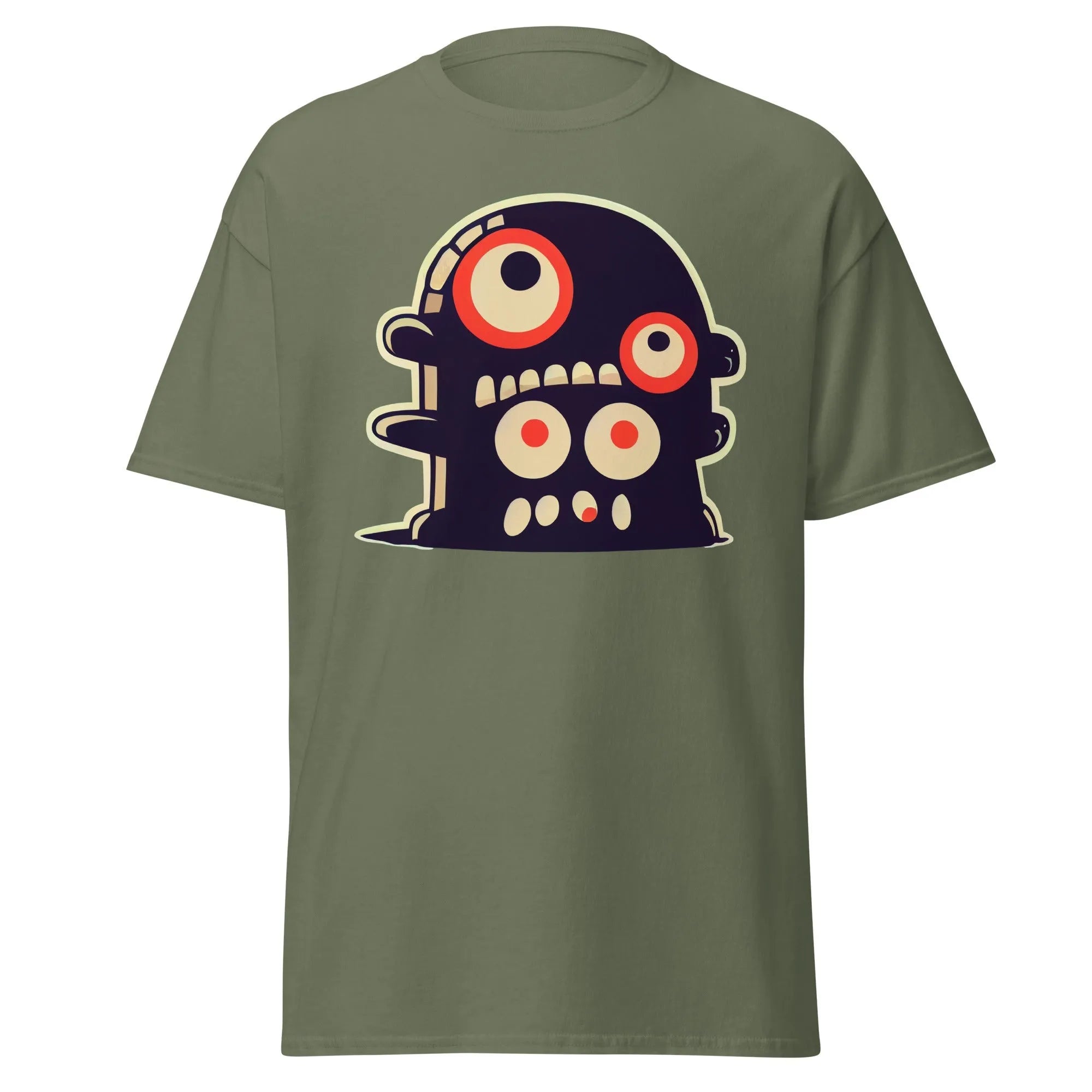 Crazy Eyes military green Halloween T-shirt featuring a playful cartoon blob creature with red eyes.