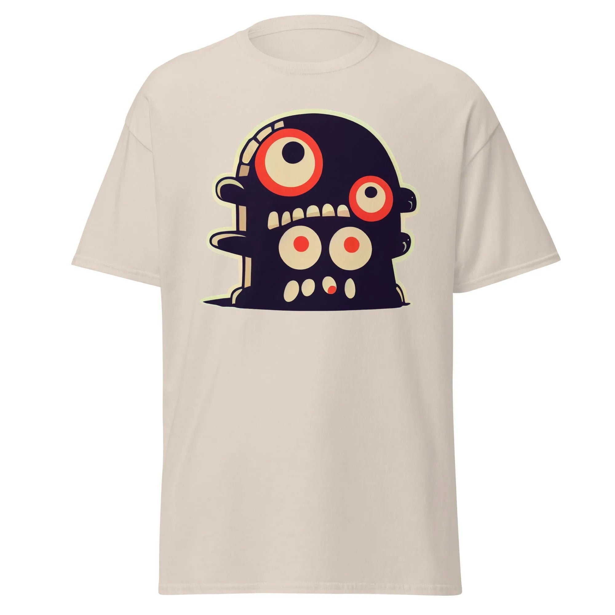 Crazy Eyes natural Halloween T-shirt featuring a playful cartoon blob creature with red eyes.