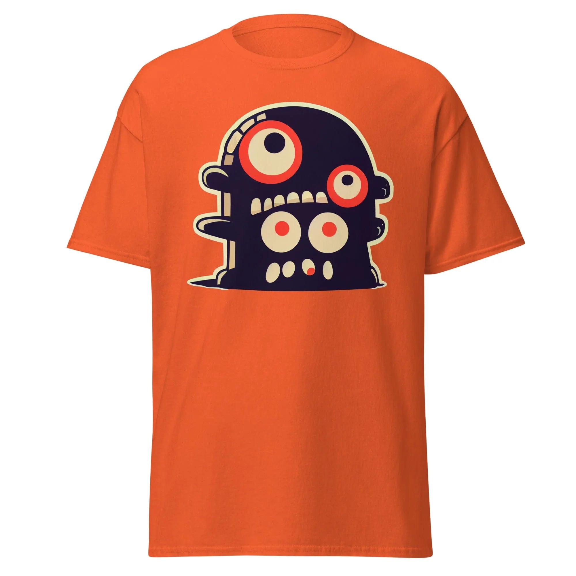 Crazy Eyes orange Halloween T-shirt featuring a playful cartoon blob creature with red eyes.