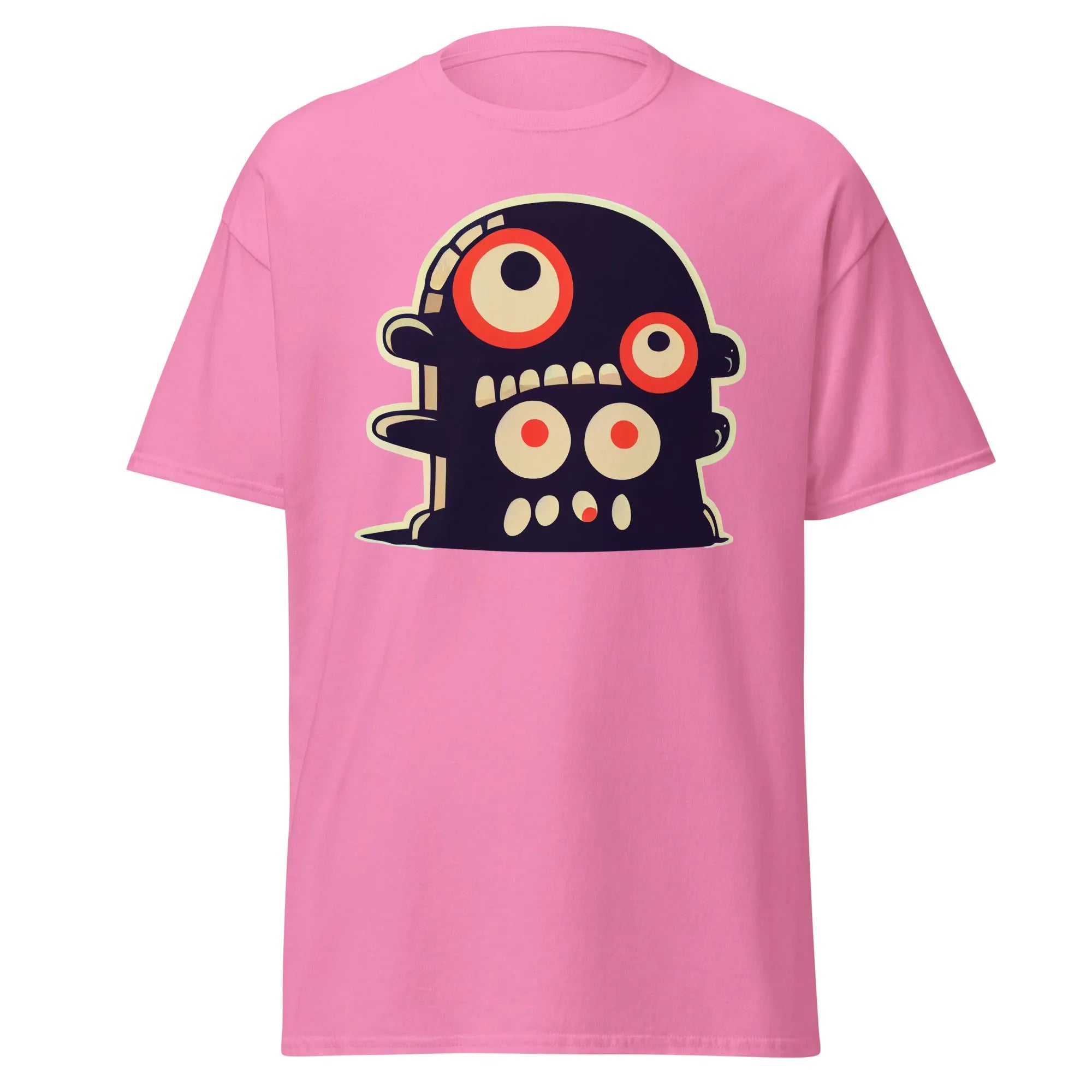 Crazy Eyes pink Halloween T-shirt featuring a playful cartoon blob creature with red eyes.