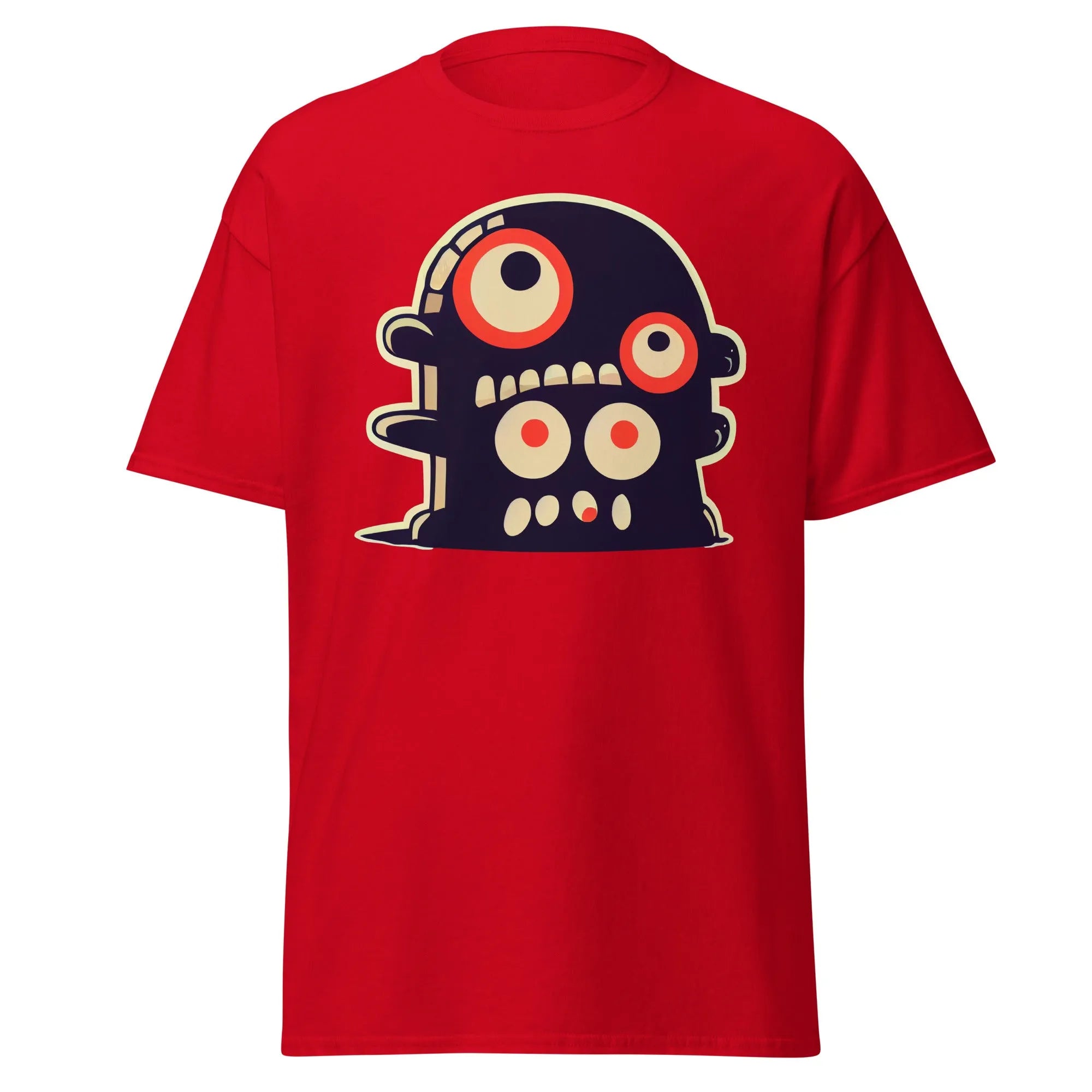 Crazy Eyes red Halloween T-shirt featuring a playful cartoon blob creature with red eyes.