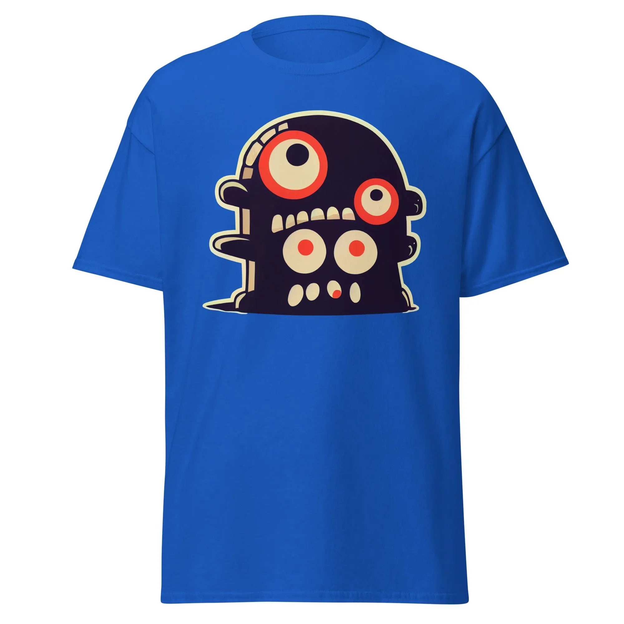 Crazy Eyes royal blue Halloween T-shirt featuring a playful cartoon blob creature with red eyes.