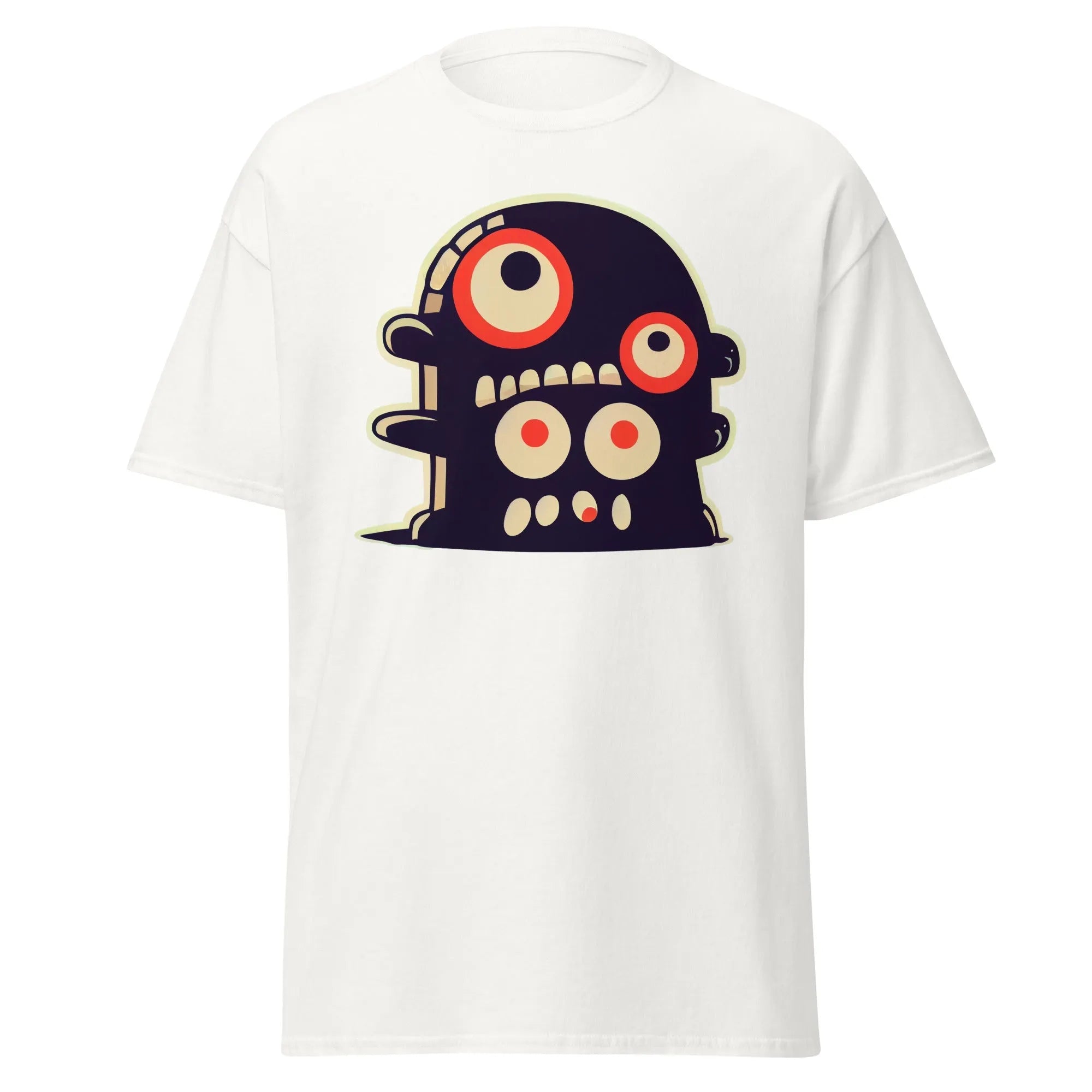 Crazy Eyes white Halloween T-shirt featuring a playful cartoon blob creature with red eyes.