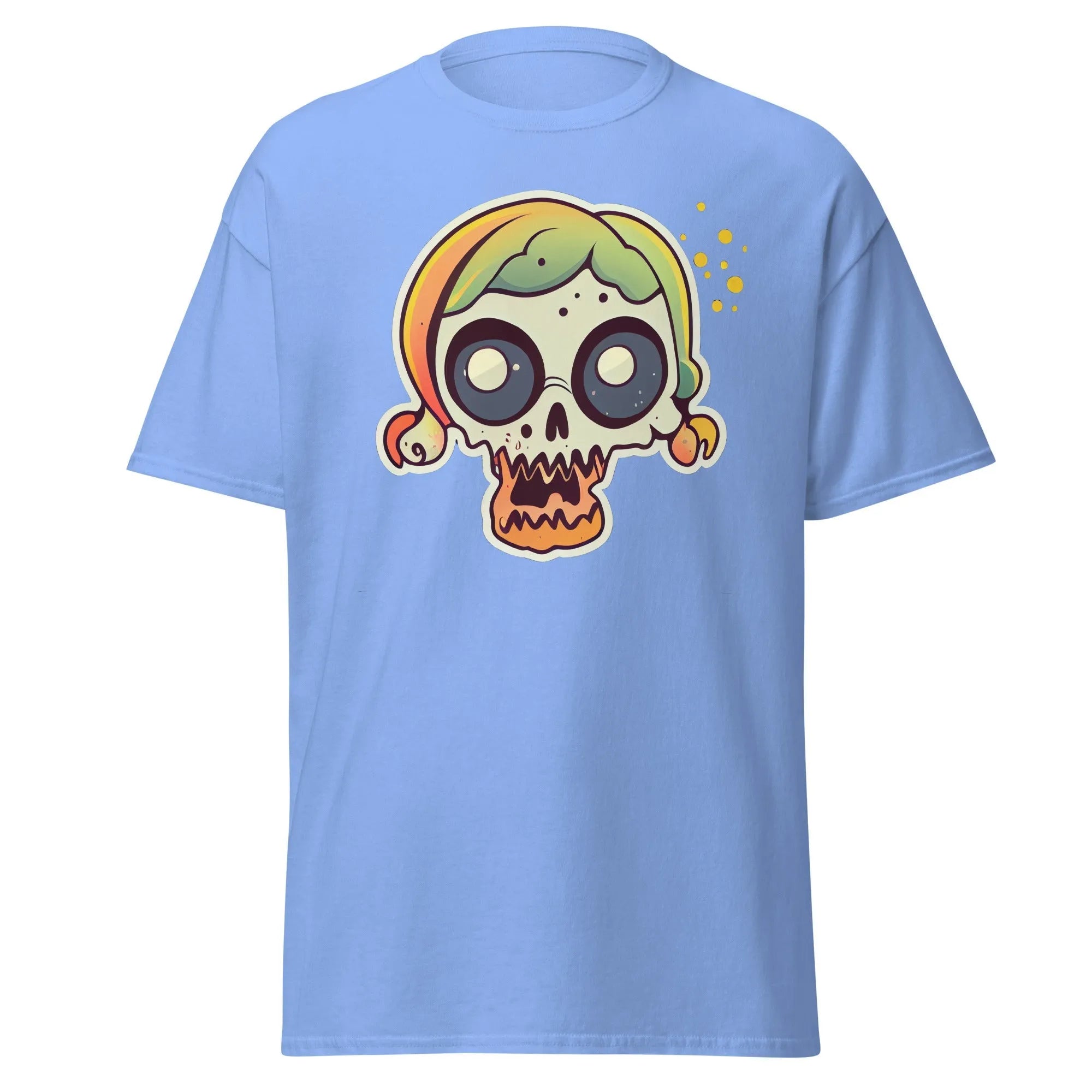 Crazy Skull carolina blue Halloween T-shirt featuring a colorful cartoon skull with big round eyes, green and yellow pigtail hair.