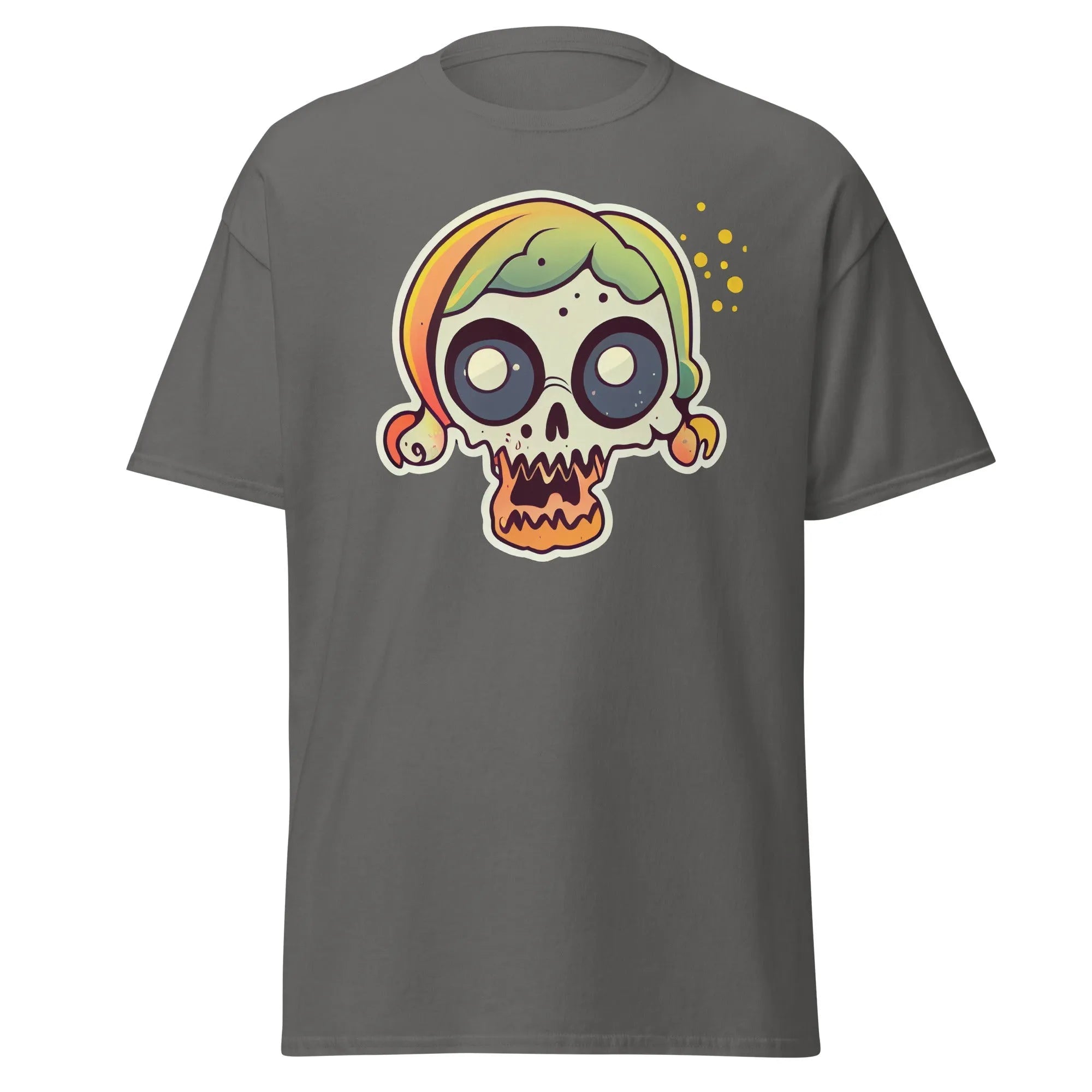 Crazy Skull charcoal Halloween T-shirt featuring a colorful cartoon skull with big round eyes, green and yellow pigtail hair.