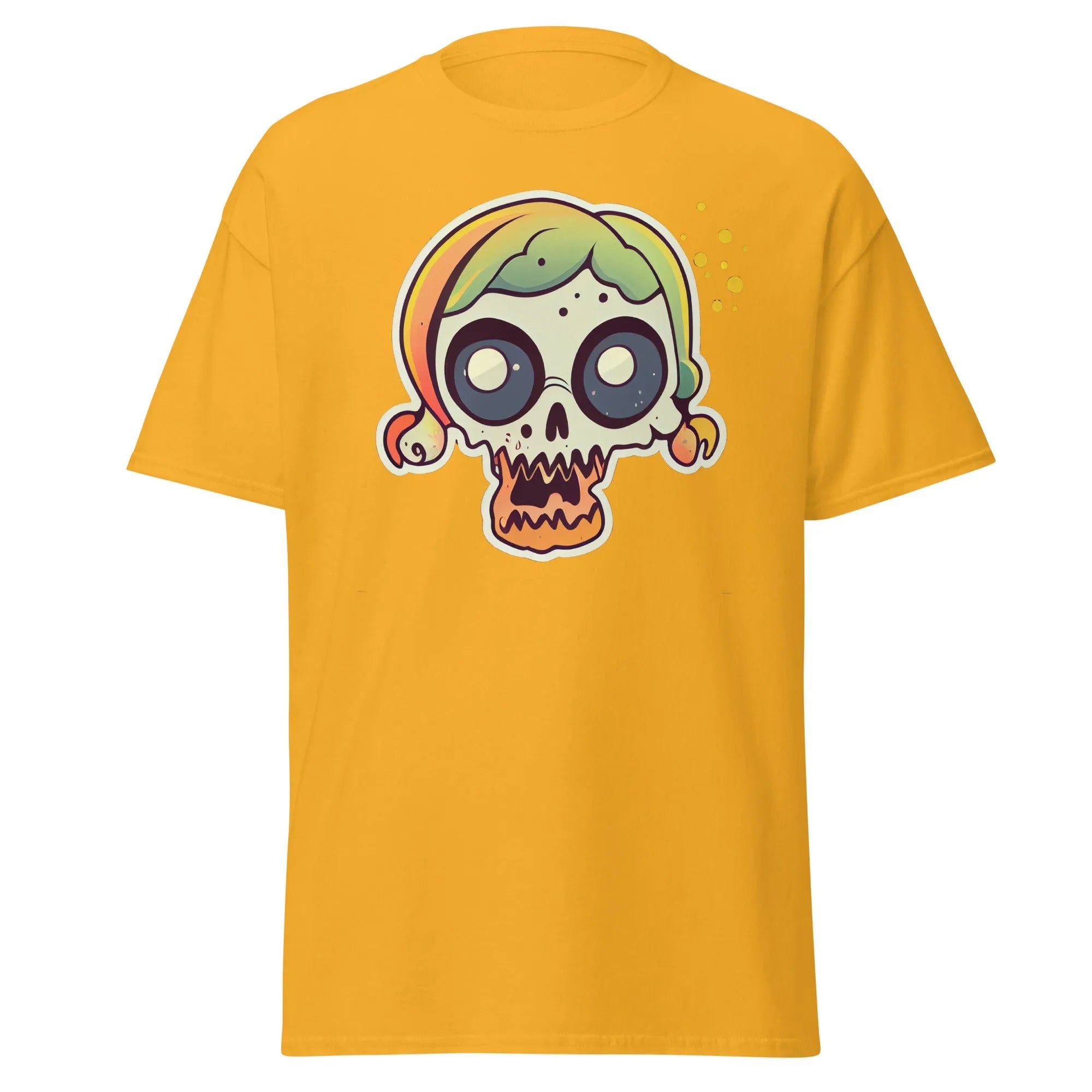 Crazy Skull gold Halloween T-shirt featuring a colorful cartoon skull with big round eyes, green and yellow pigtail hair.