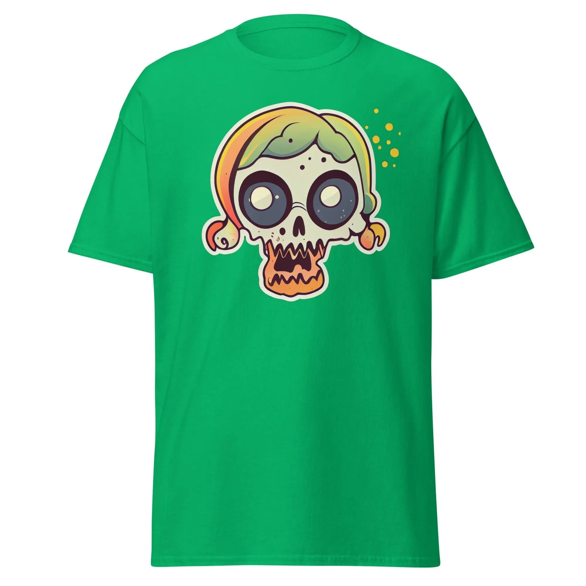 Crazy Skull green Halloween T-shirt featuring a colorful cartoon skull with big round eyes, green and yellow pigtail hair.