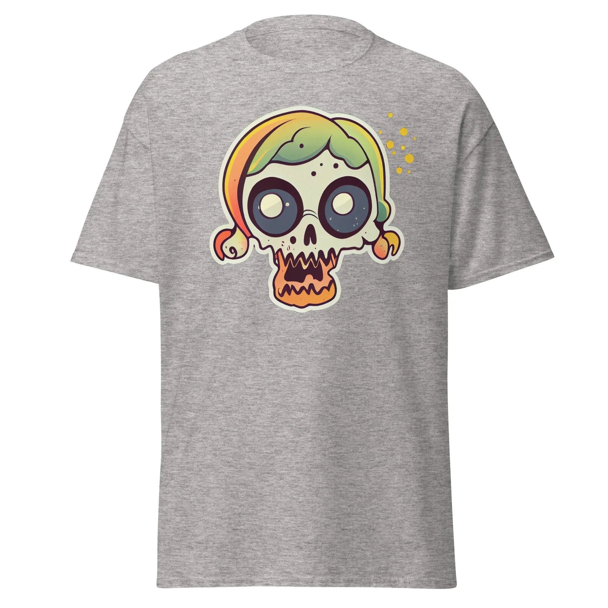 Crazy Skull grey Halloween T-shirt featuring a colorful cartoon skull with big round eyes, green and yellow pigtail hair.