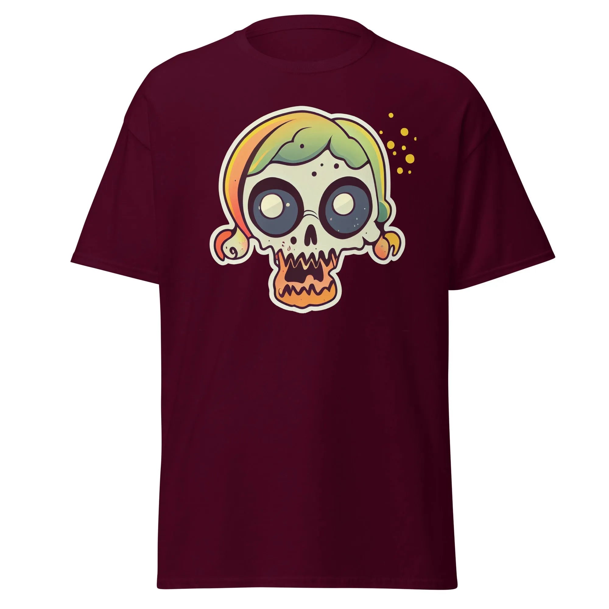 Crazy Skull maroon Halloween T-shirt featuring a colorful cartoon skull with big round eyes, green and yellow pigtail hair.