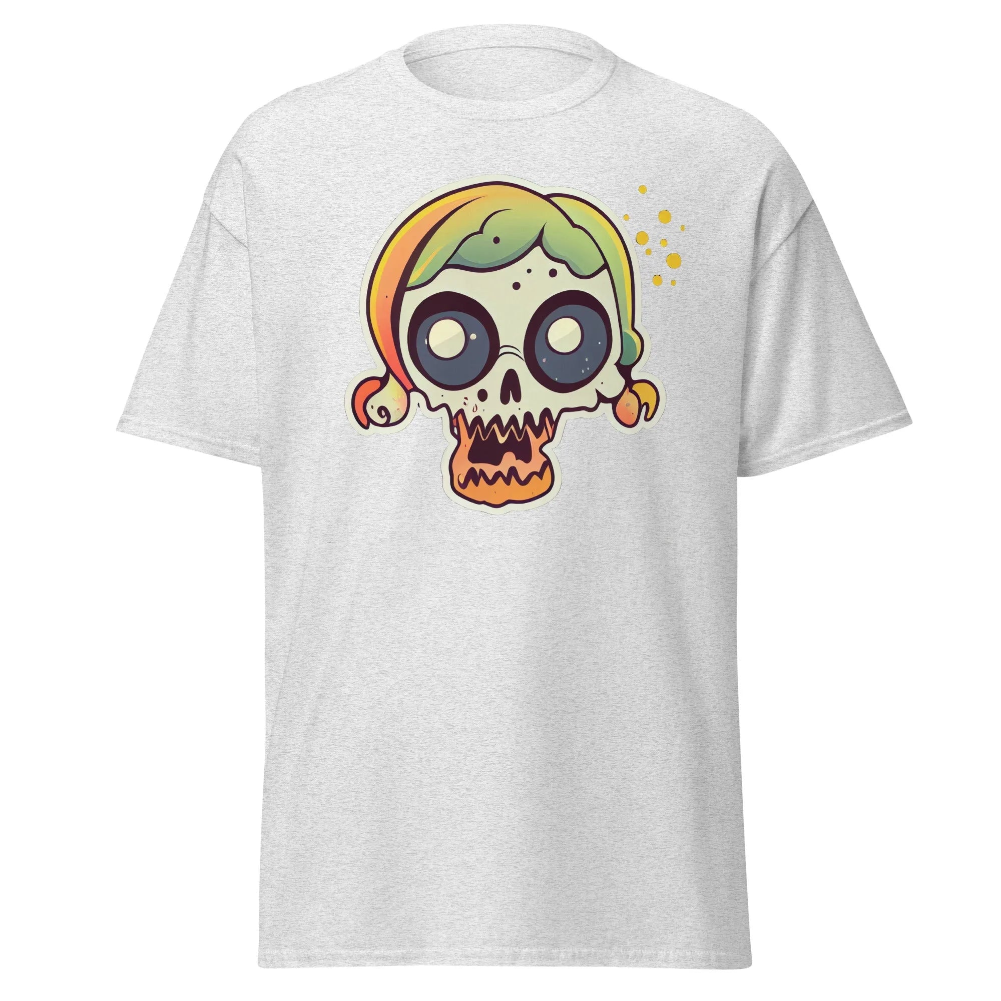 Crazy Skull ash Halloween T-shirt featuring a colorful cartoon skull with big round eyes, green and yellow pigtail hair.