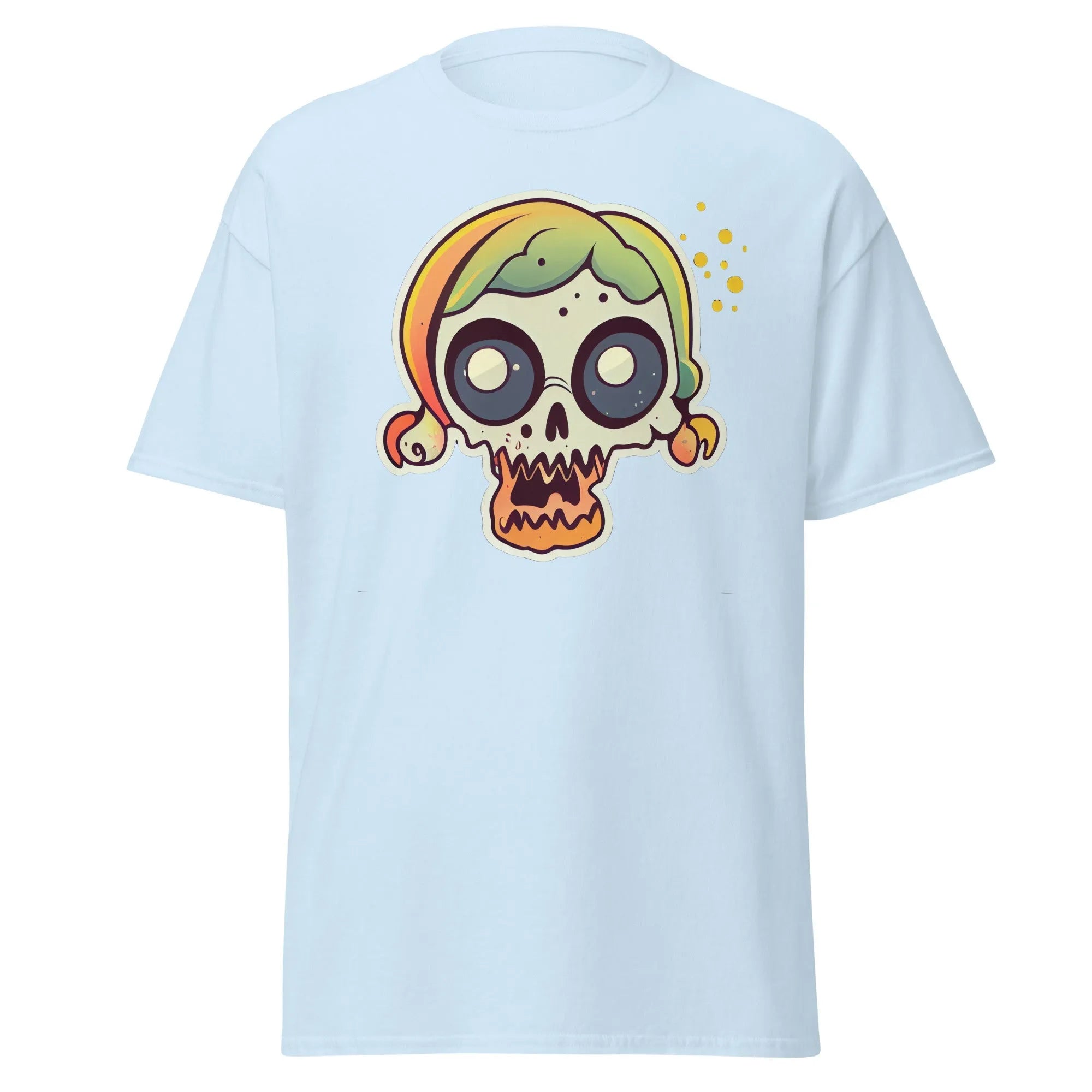 Crazy Skull light blue Halloween T-shirt featuring a colorful cartoon skull with big round eyes, green and yellow pigtail hair.