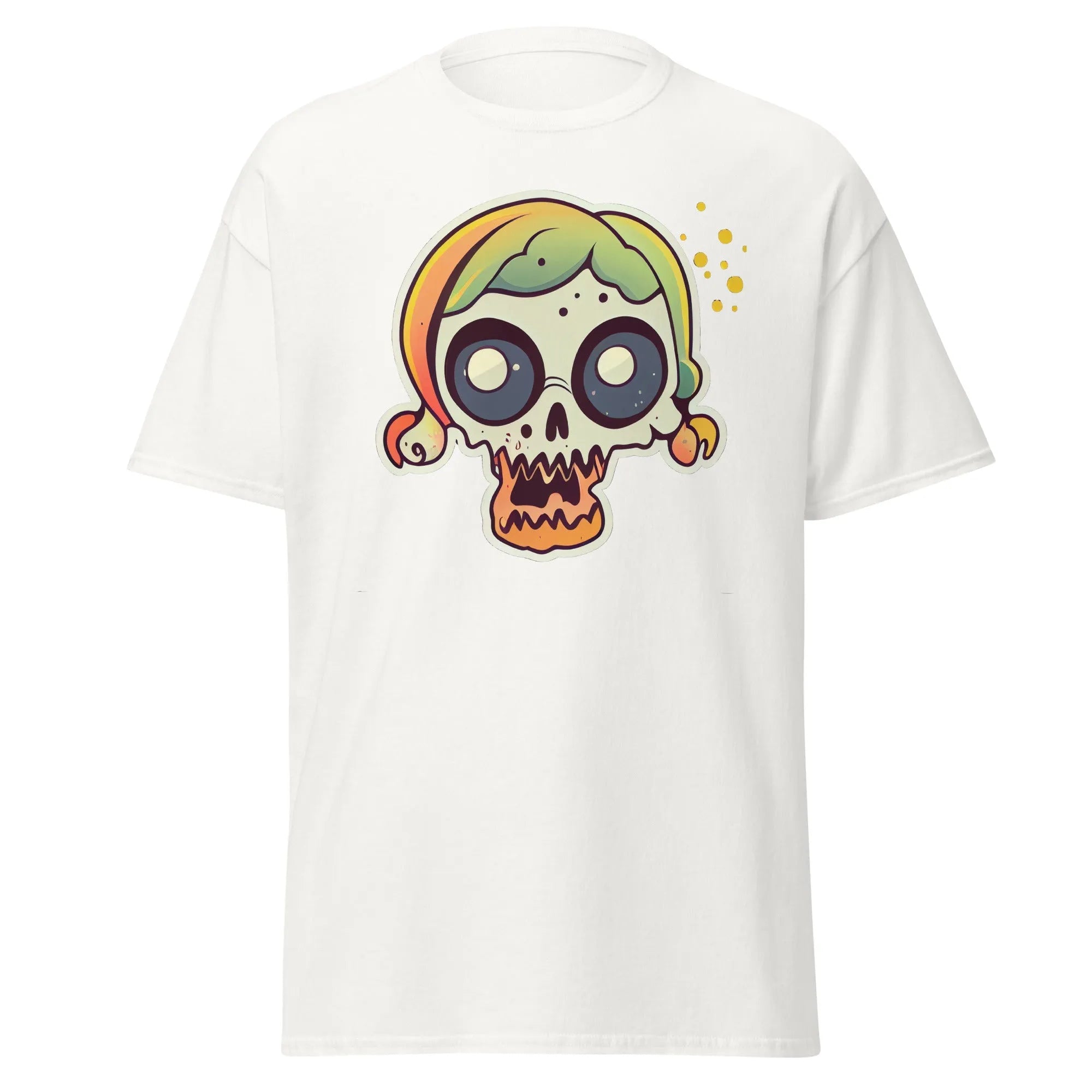 Crazy Skull white Halloween T-shirt featuring a colorful cartoon skull with big round eyes, green and yellow pigtail hair.