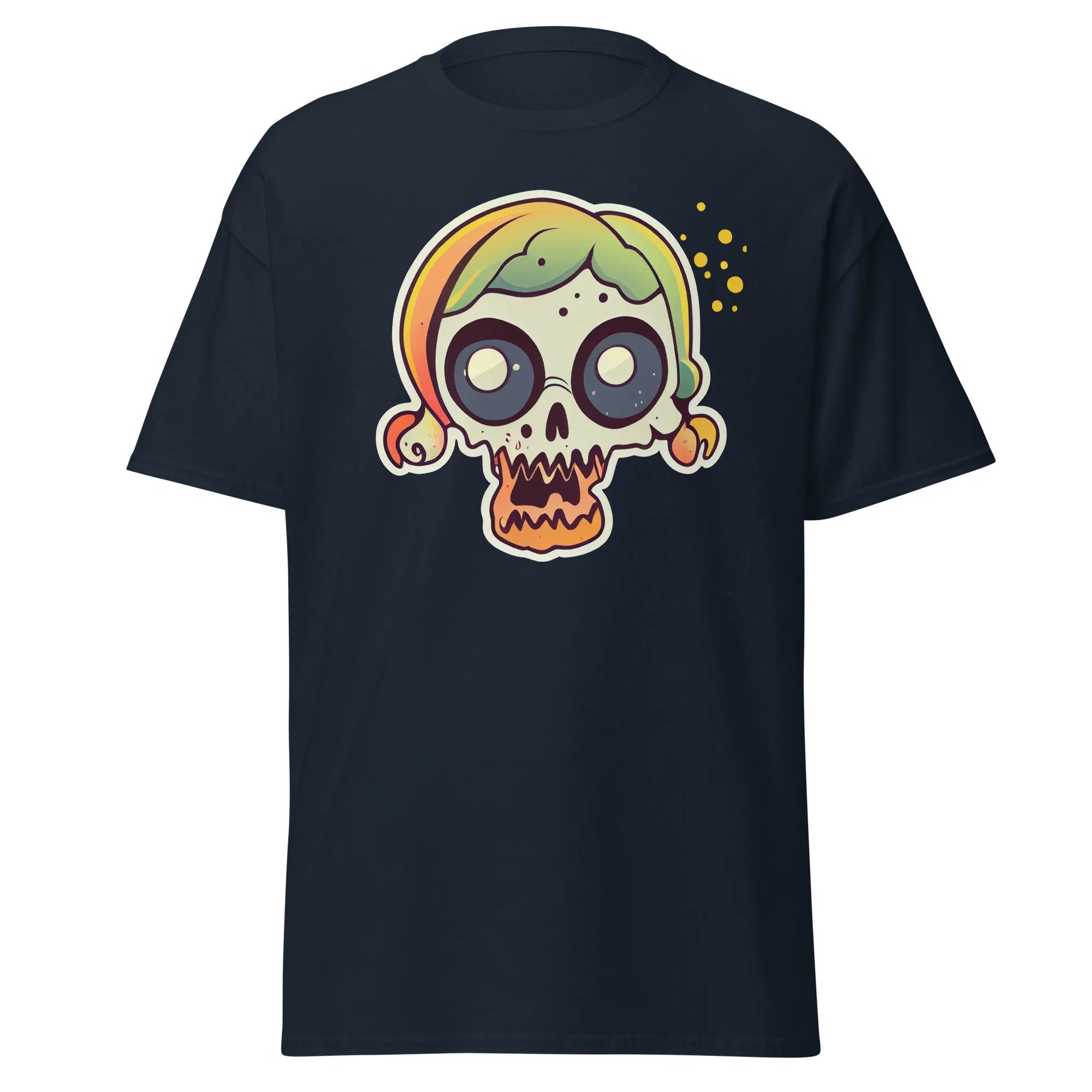 Crazy Skull navy blue Halloween T-shirt featuring a colorful cartoon skull with big round eyes, green and yellow pigtail hair.