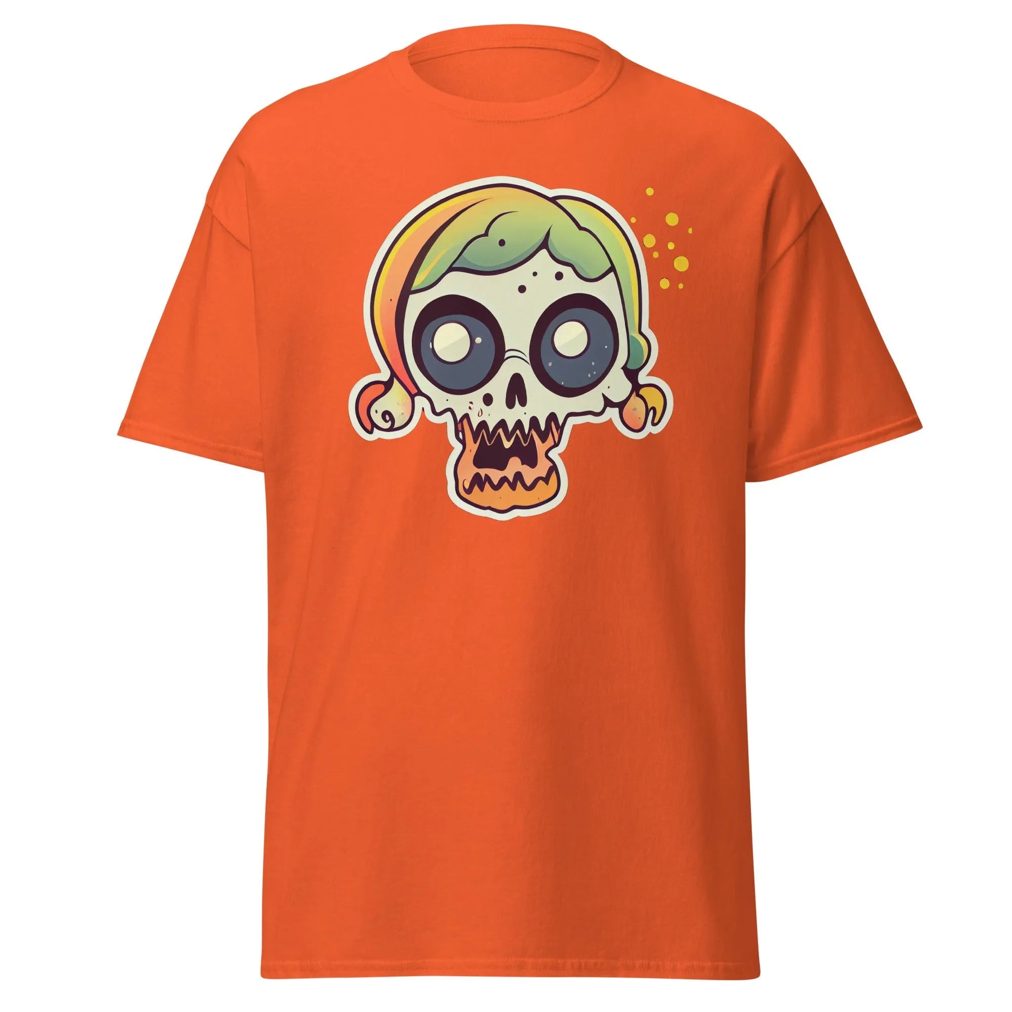 Crazy Skull orange Halloween T-shirt featuring a colorful cartoon skull with big round eyes, green and yellow pigtail hair.