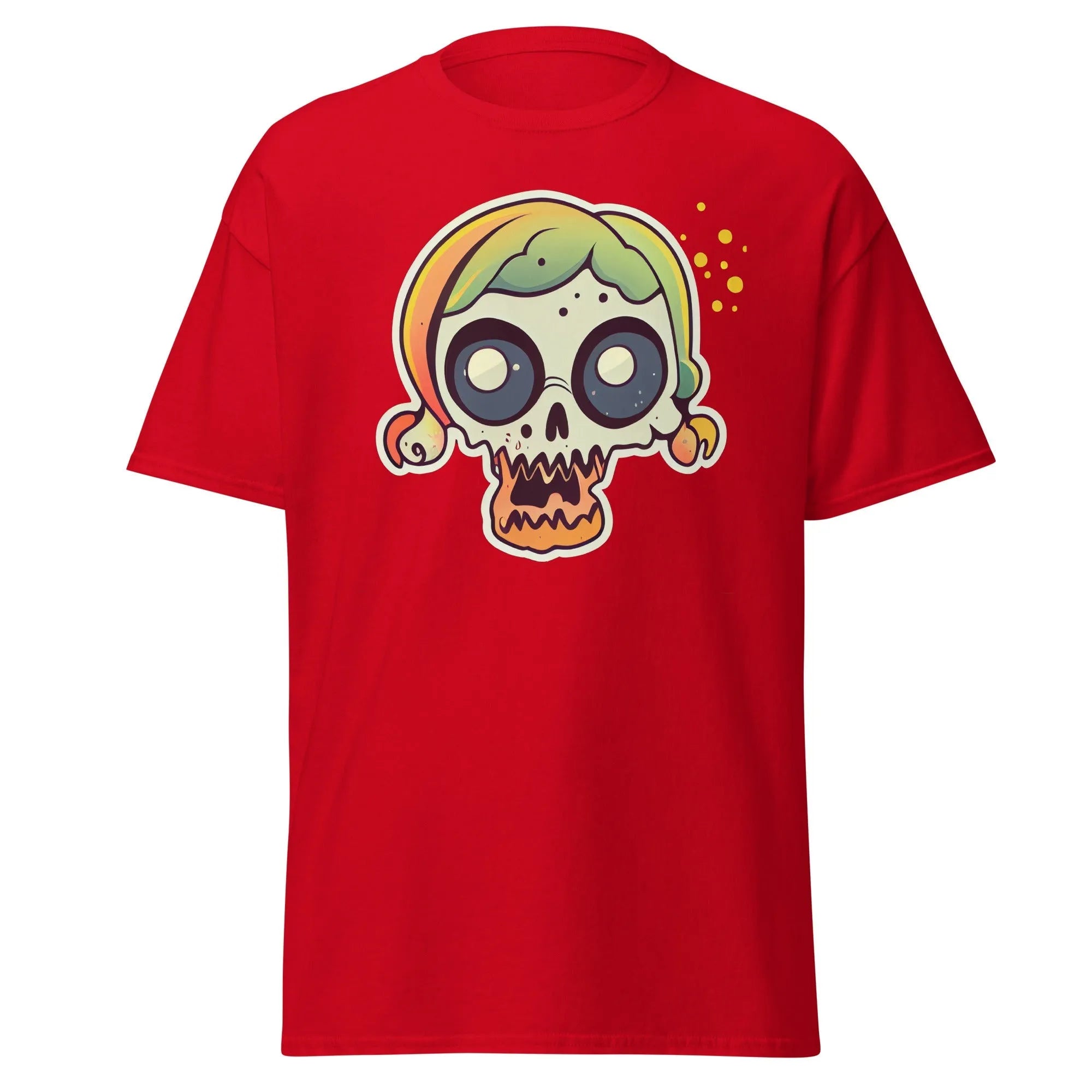 Crazy Skull red Halloween T-shirt featuring a colorful cartoon skull with big round eyes, green and yellow pigtail hair.