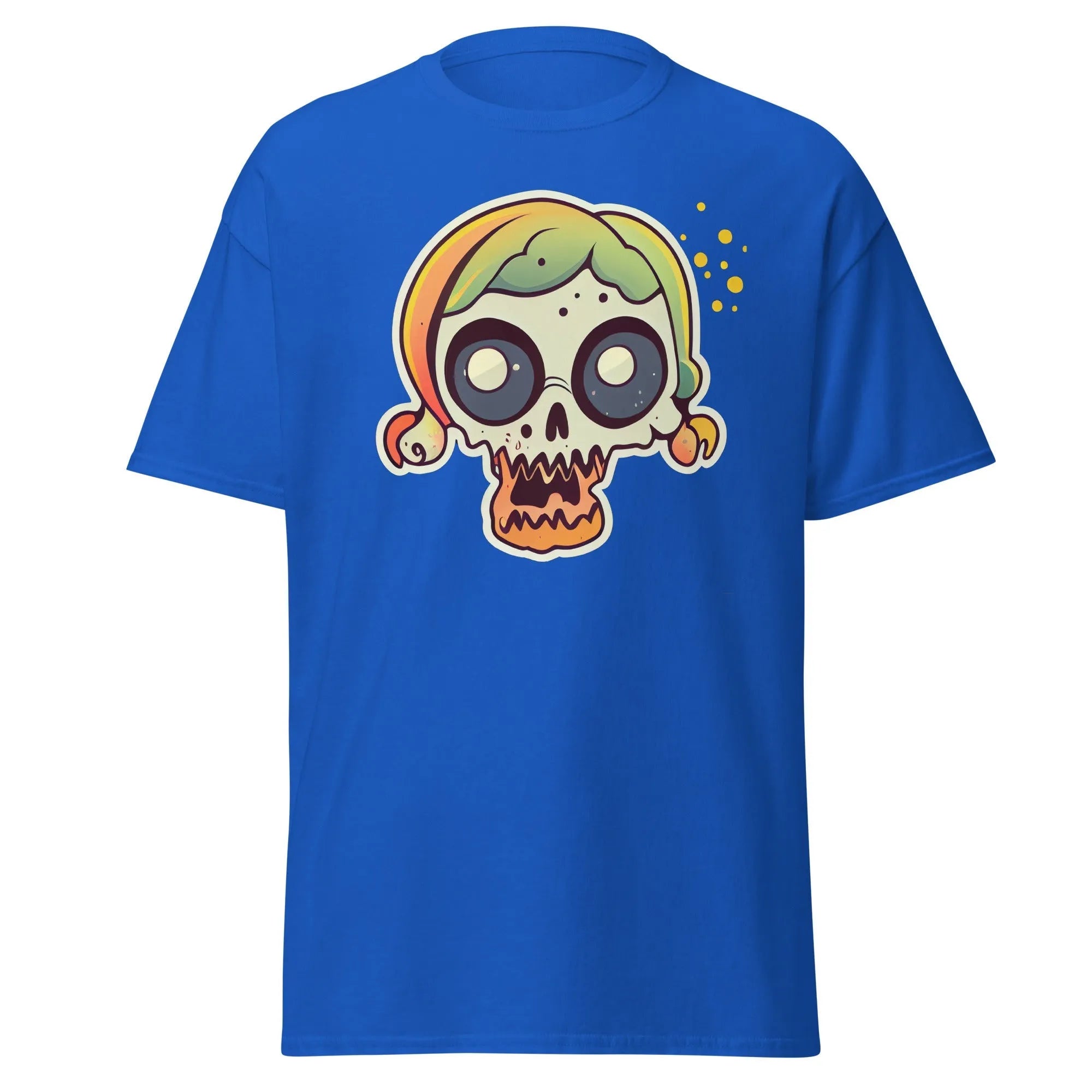 Crazy Skull royal blue Halloween T-shirt featuring a colorful cartoon skull with big round eyes, green and yellow pigtail hair.