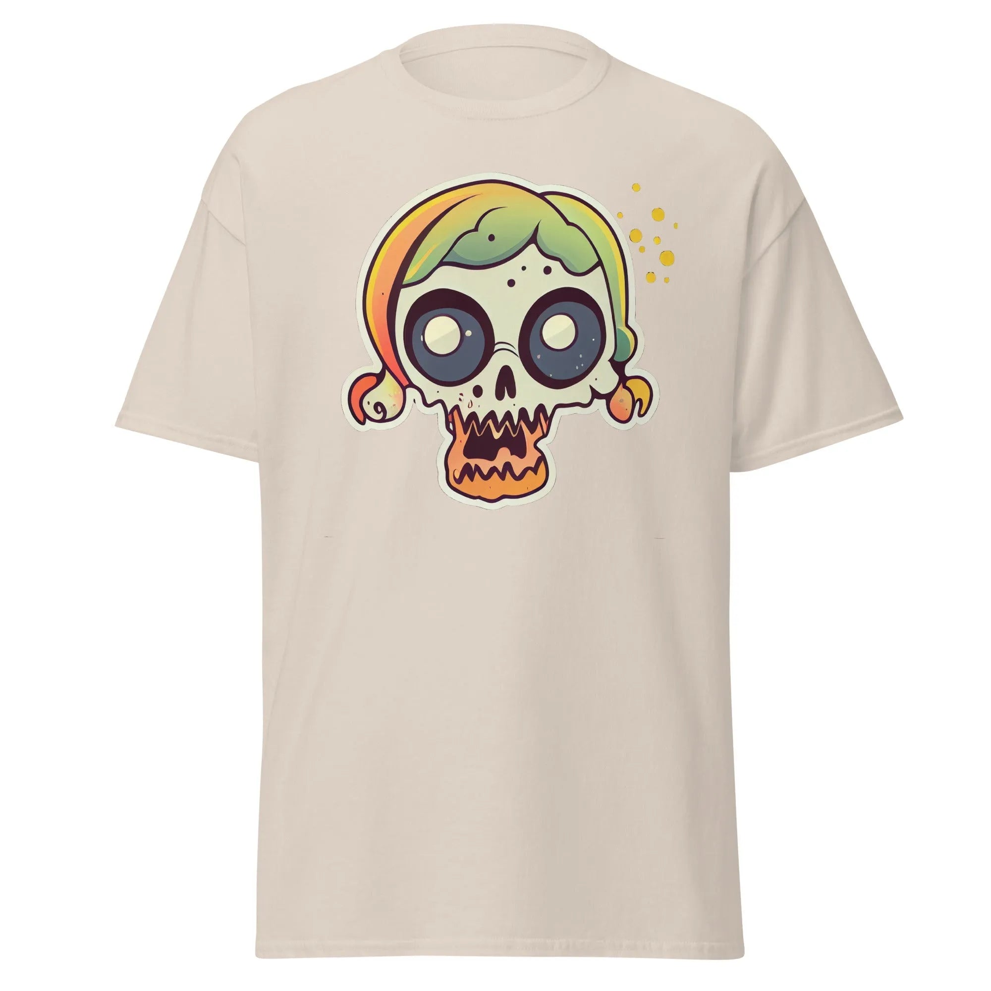 Crazy Skull sand Halloween T-shirt featuring a colorful cartoon skull with big round eyes, green and yellow pigtail hair.