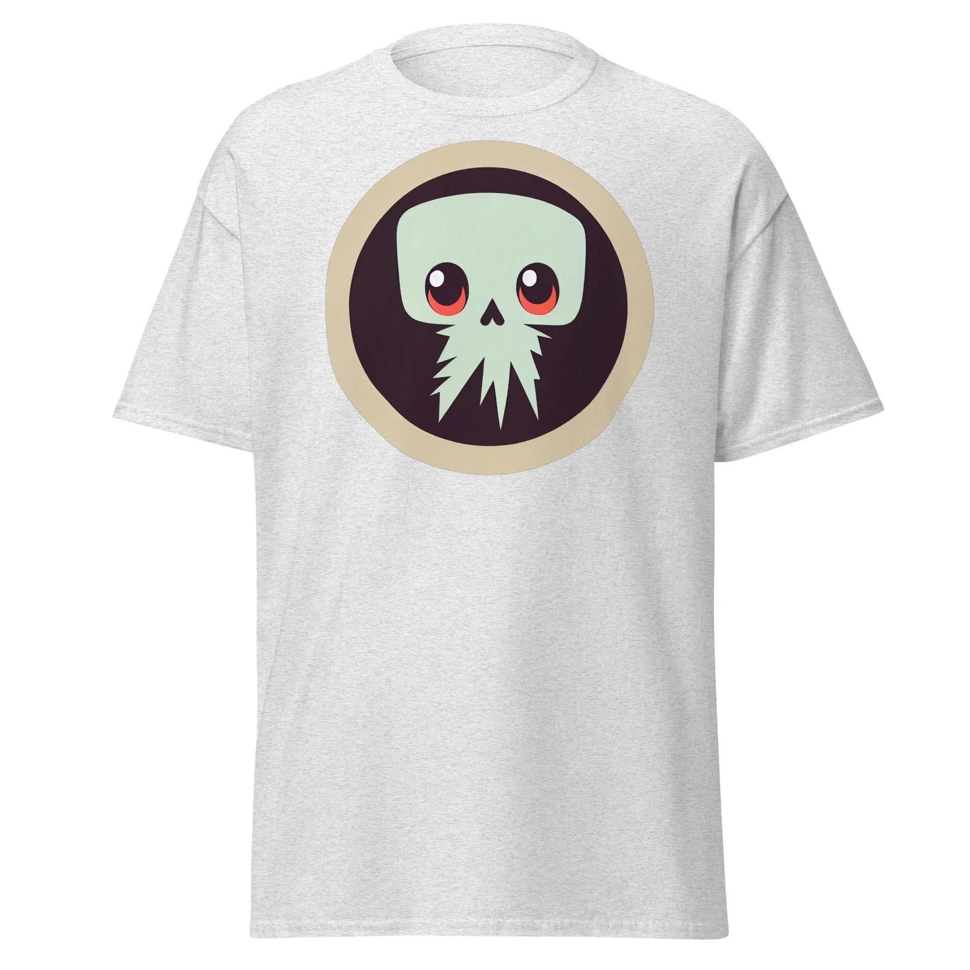 Creepy Skull ash Halloween T-shirt featuring a bold skull graphic design with large eyes and tentacles on black background.