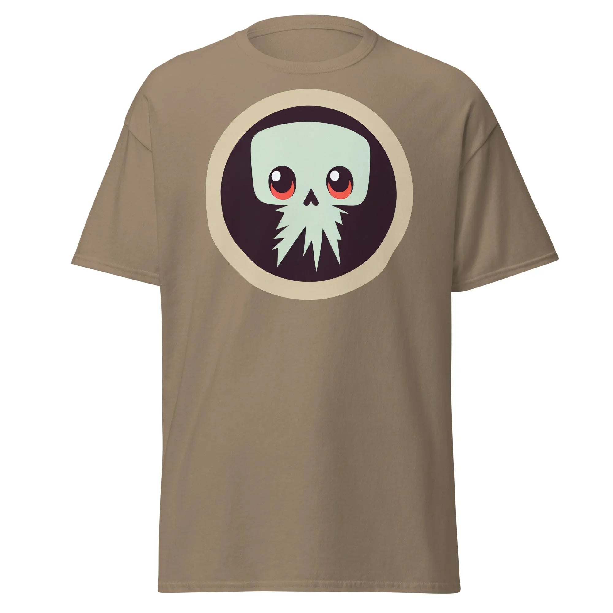 Creepy Skull brown Halloween T-shirt featuring a bold skull graphic design with large eyes and tentacles on black background.