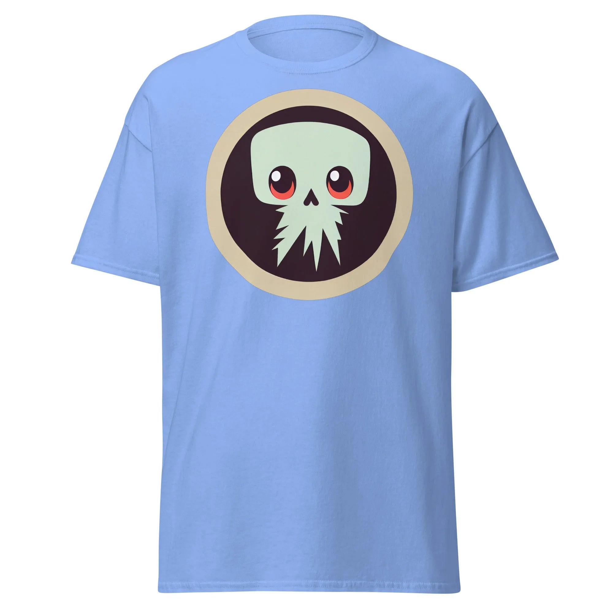 Creepy Skull carolina blue Halloween T-shirt featuring a bold skull graphic design with large eyes and tentacles on black background.