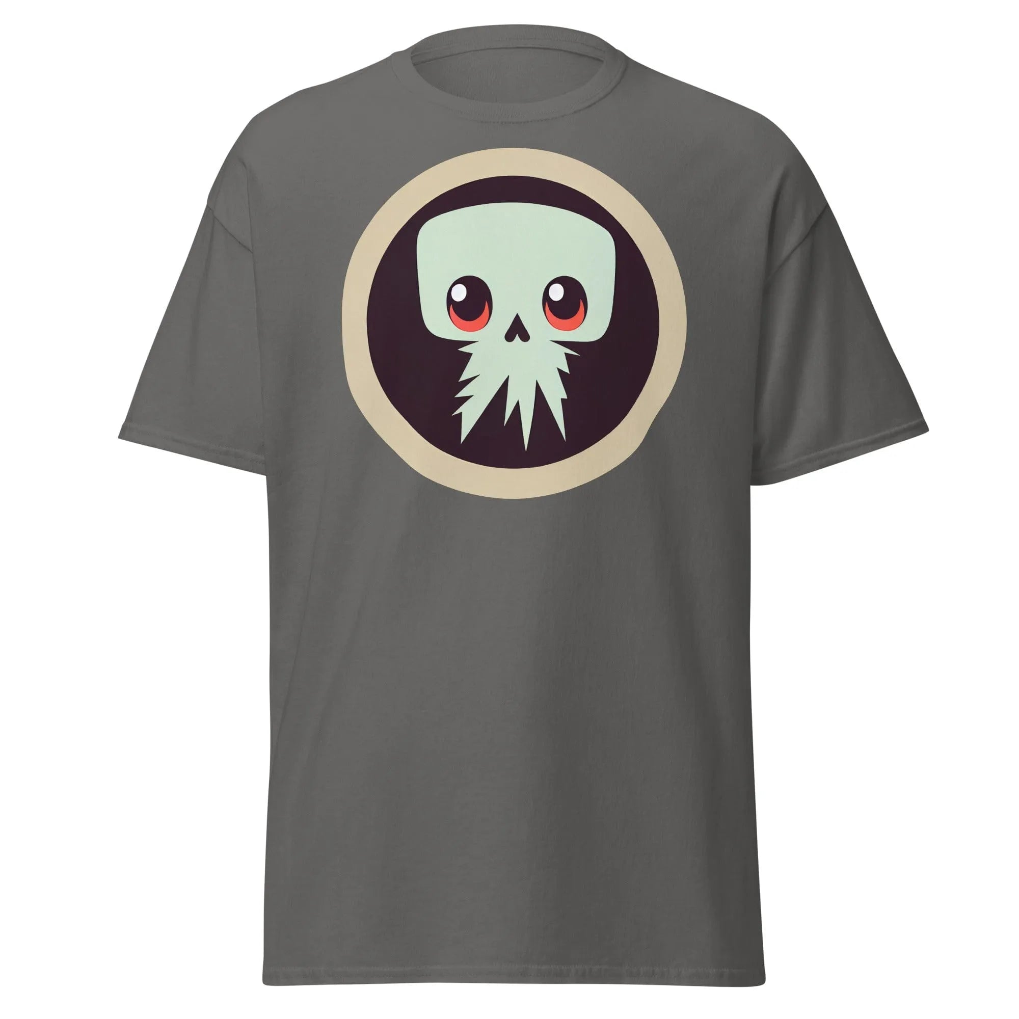 Creepy Skull charcoal Halloween T-shirt featuring a bold skull graphic design with large eyes and tentacles on black background.