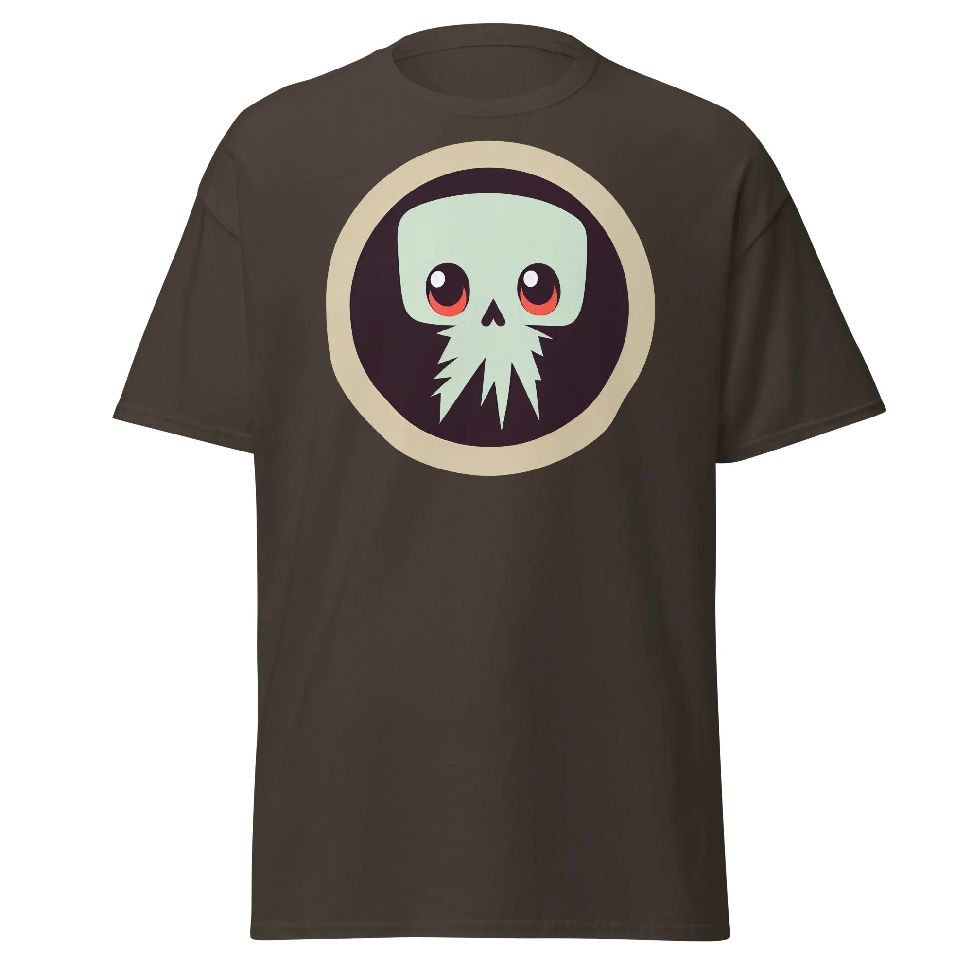 Creepy Skull chocolate Halloween T-shirt featuring a bold skull graphic design with large eyes and tentacles on black background.