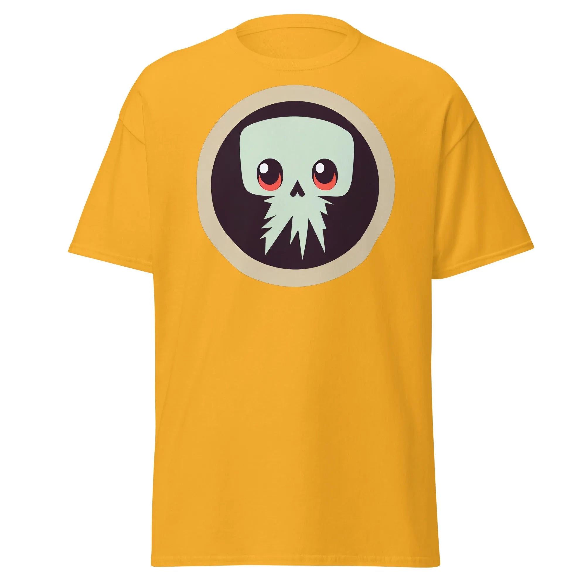 Creepy Skull gold Halloween T-shirt featuring a bold skull graphic design with large eyes and tentacles on black background.
