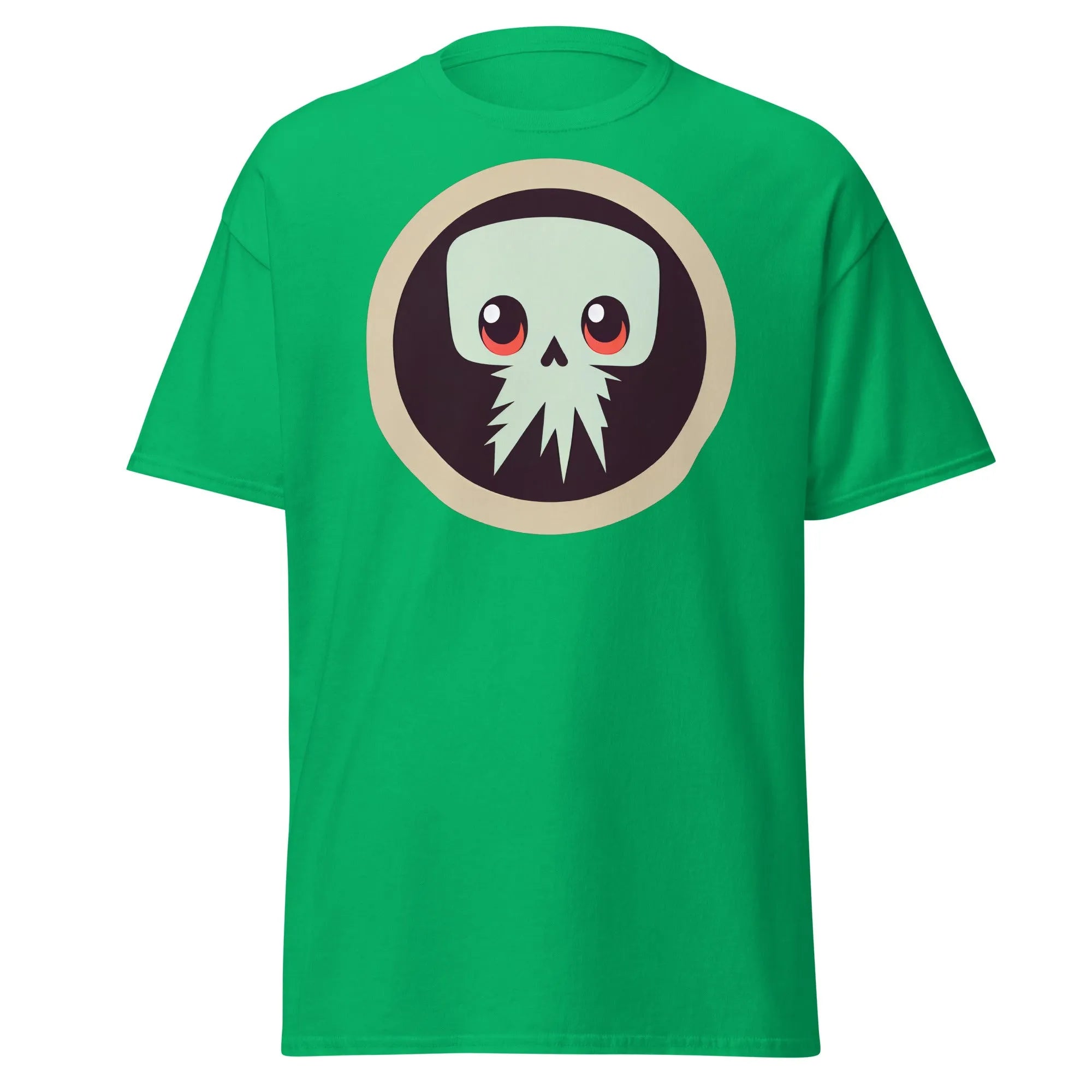 Creepy Skull green Halloween T-shirt featuring a bold skull graphic design with large eyes and tentacles on black background.