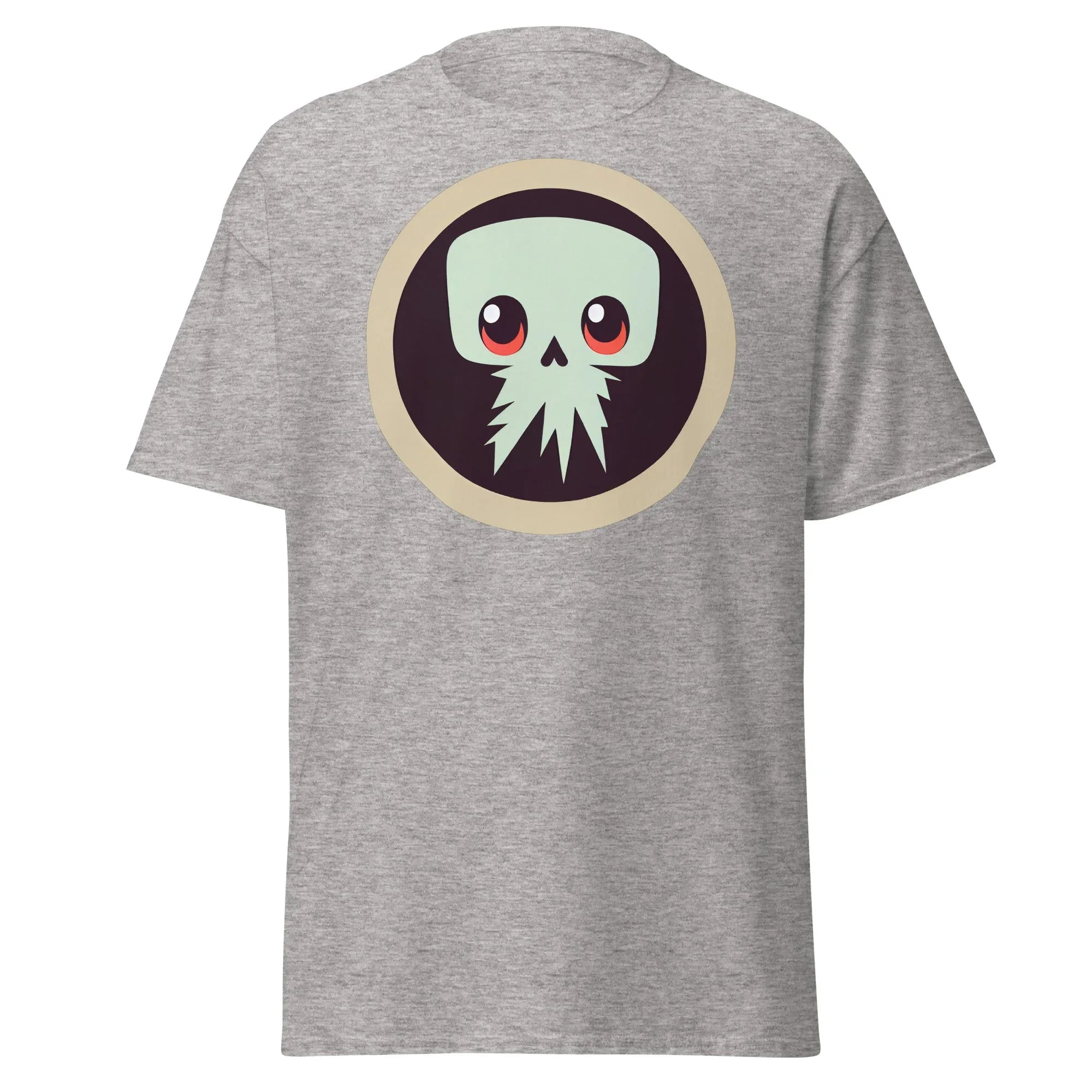 Creepy Skull grey Halloween T-shirt featuring a bold skull graphic design with large eyes and tentacles on black background.