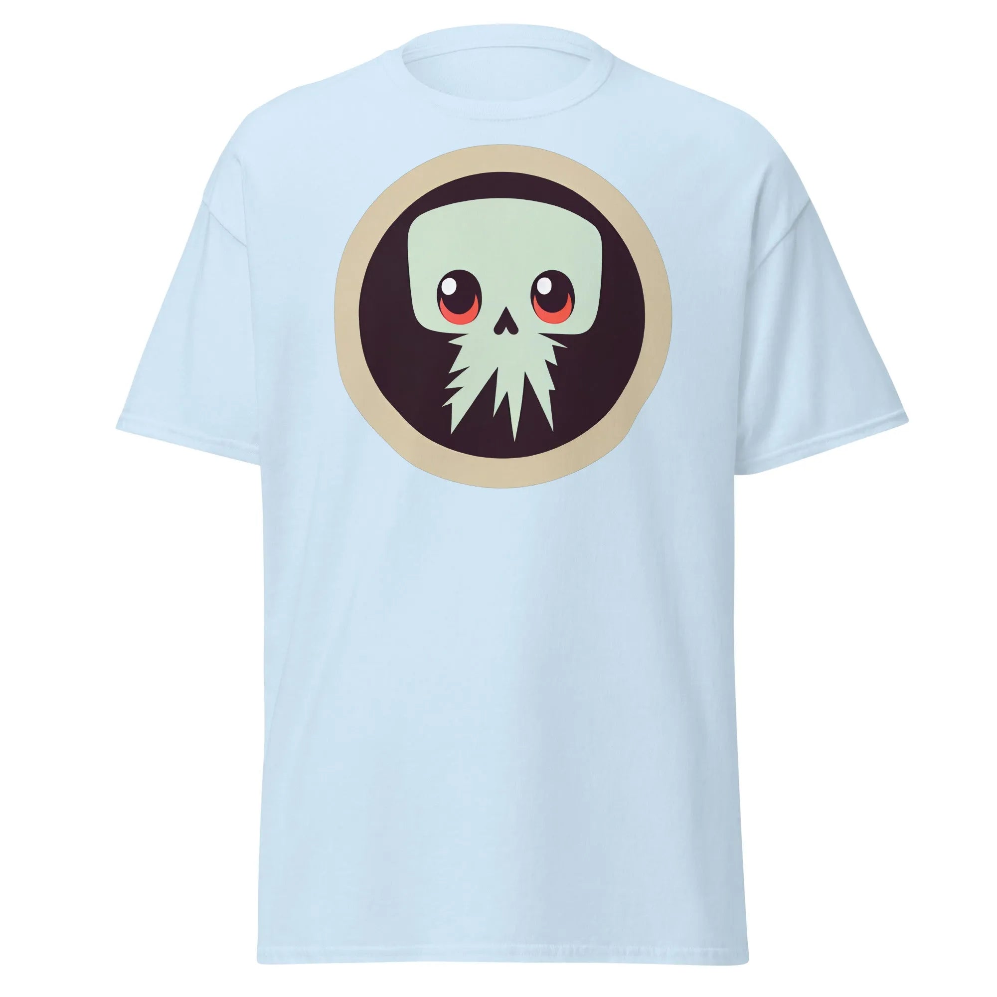 Creepy Skull light blue Halloween T-shirt featuring a bold skull graphic design with large eyes and tentacles on black background.
