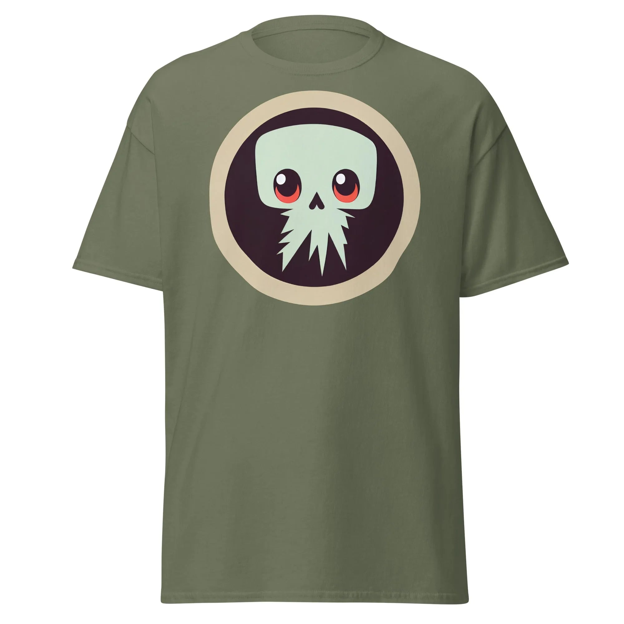 Creepy Skull military green Halloween T-shirt featuring a bold skull graphic design with large eyes and tentacles on black background.